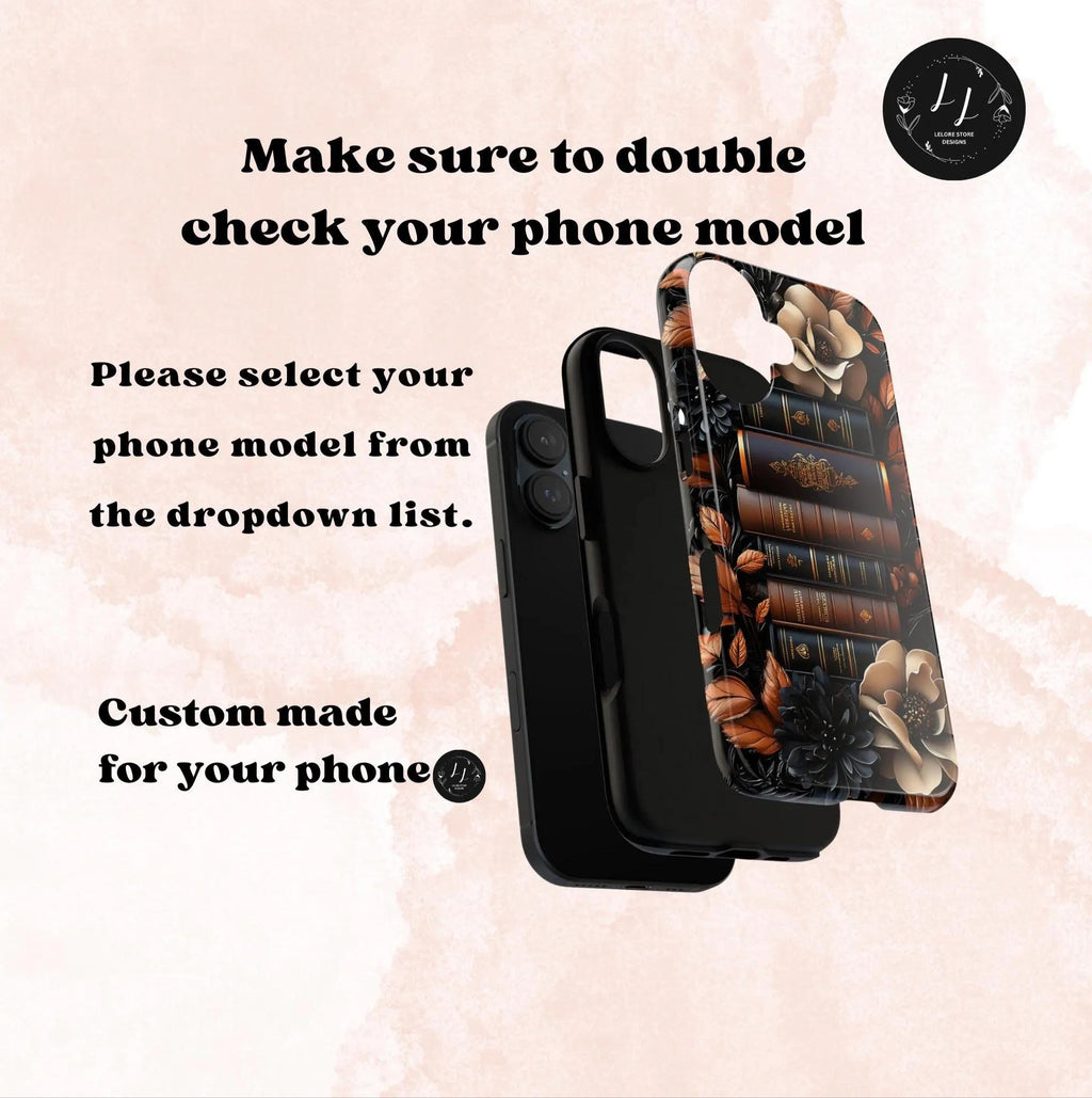 Brown Floral Bookshelf Phone Case, Bookish Flower Unique iPhone  Galaxy  Pixel Book Lover Gift