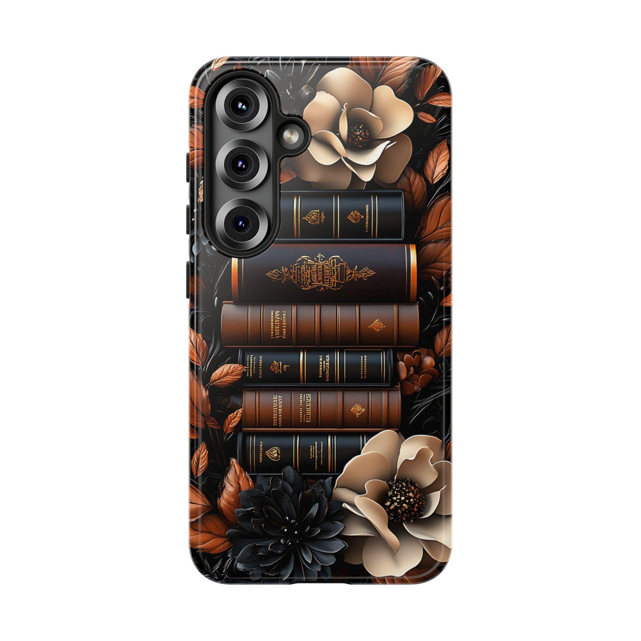 Brown Floral Bookshelf Phone Case, Bookish Flower Unique iPhone  Galaxy  Pixel Book Lover Gift