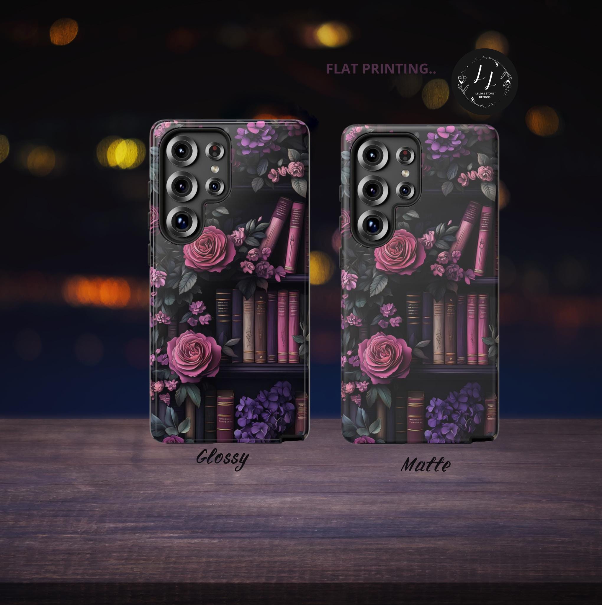 Floral Book Phone Case, Vintage Purple Bookshelf Boho Book Lover Gift, iPhone Galaxy, Pixel