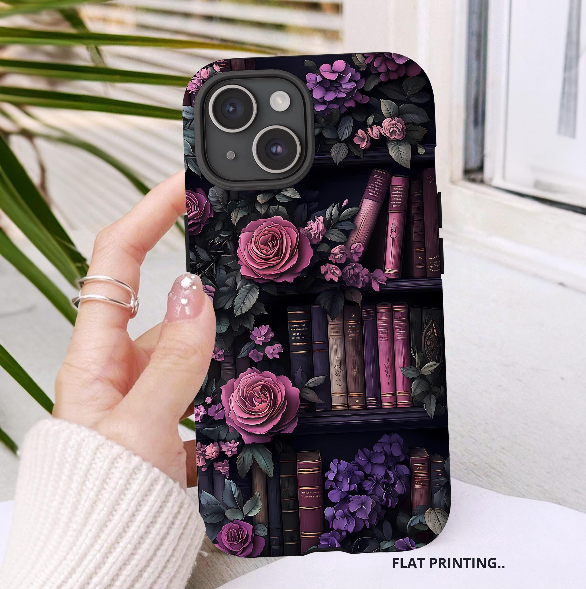 Floral Book Phone Case, Vintage Purple Bookshelf Boho Book Lover Gift, iPhone Galaxy, Pixel