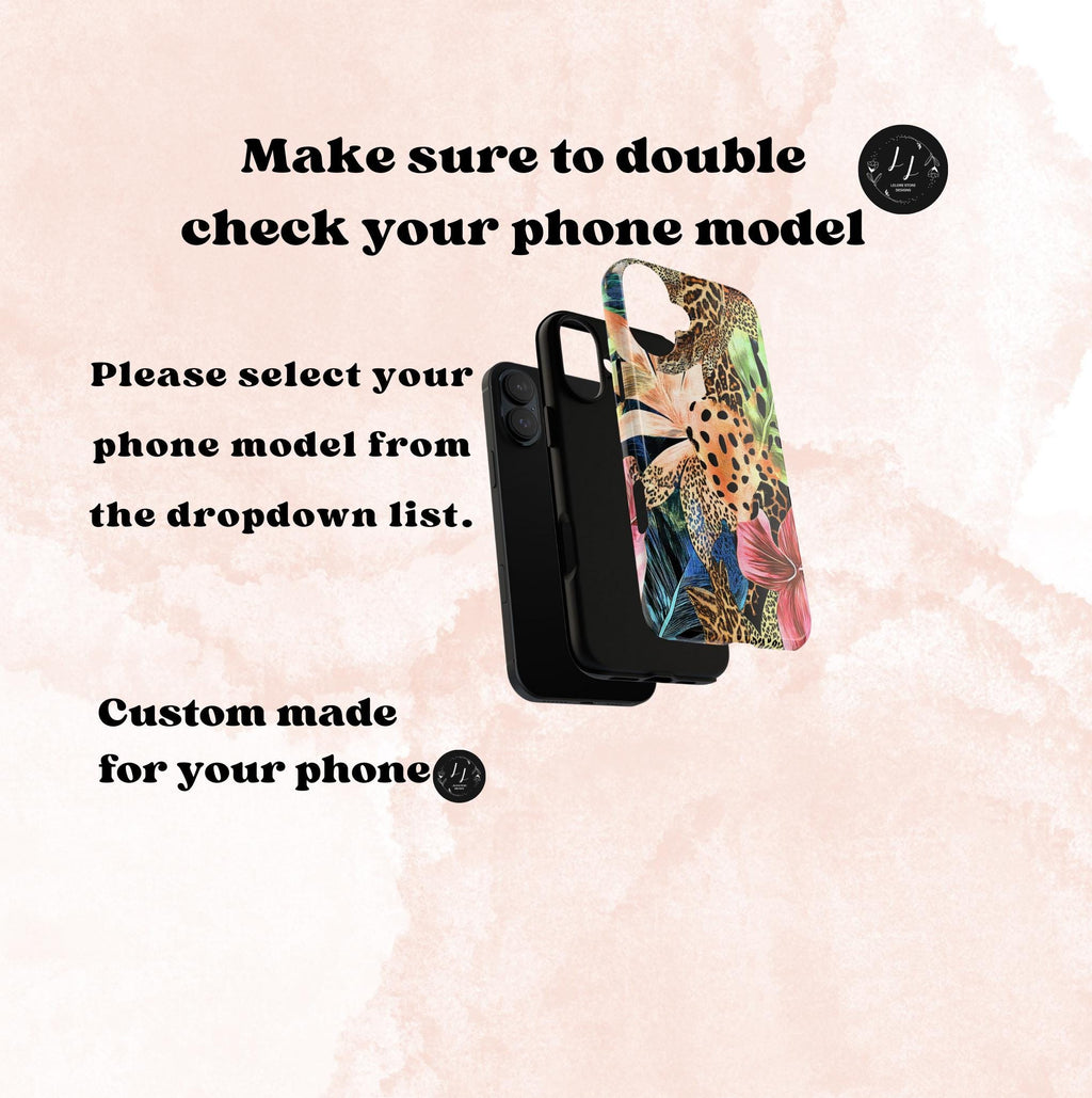 Leopard Print Phone Case, Tropical Green Floral Design, iPhone Case, Galaxy Pixel