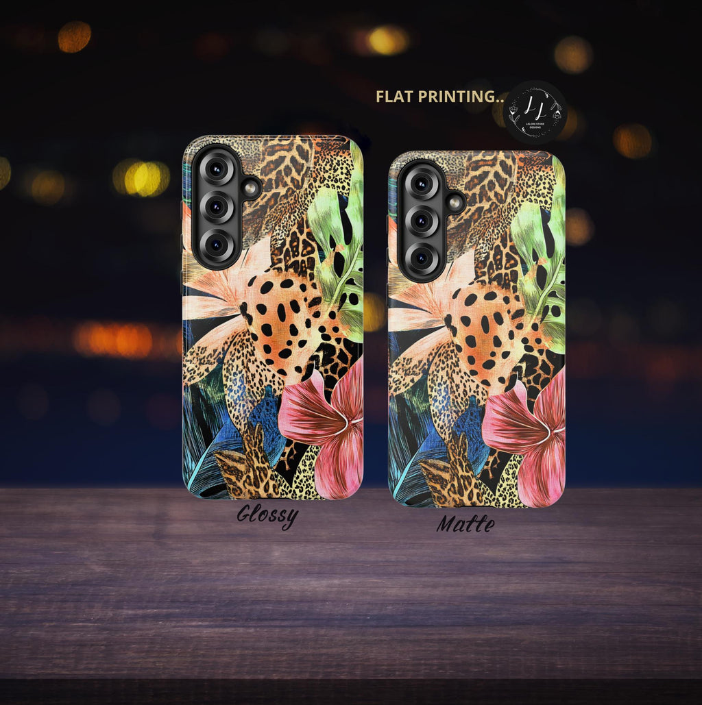 Leopard Print Phone Case, Tropical Green Floral Design, iPhone Case, Galaxy Pixel