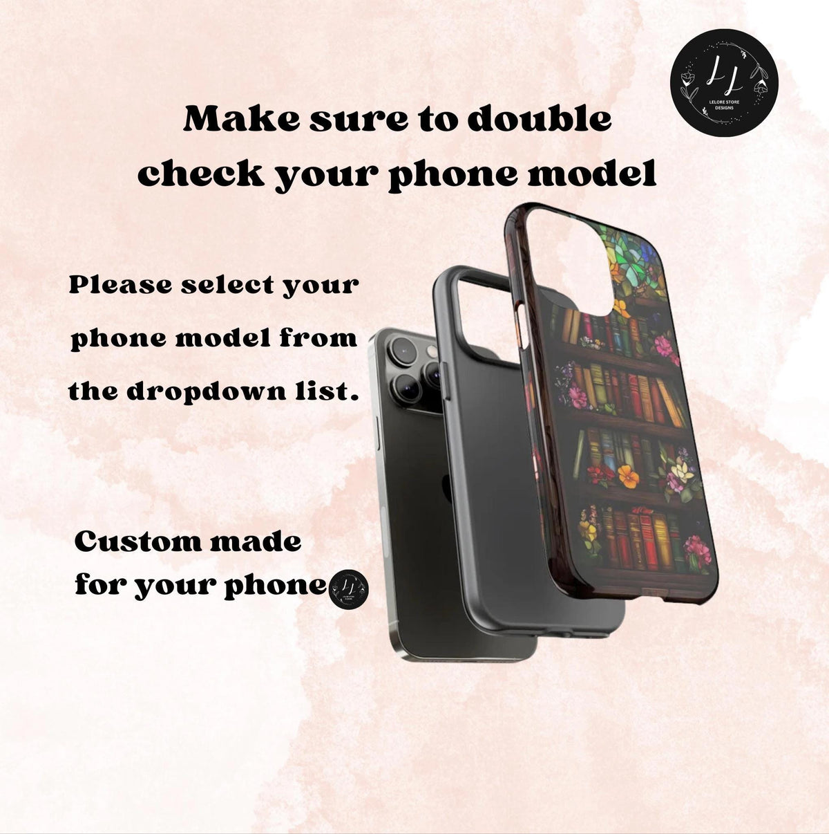 Floral Stained Glass Bookish Phone Case, Bookshelf Reading Theme Cover, iPhone  Pixel  Samsung