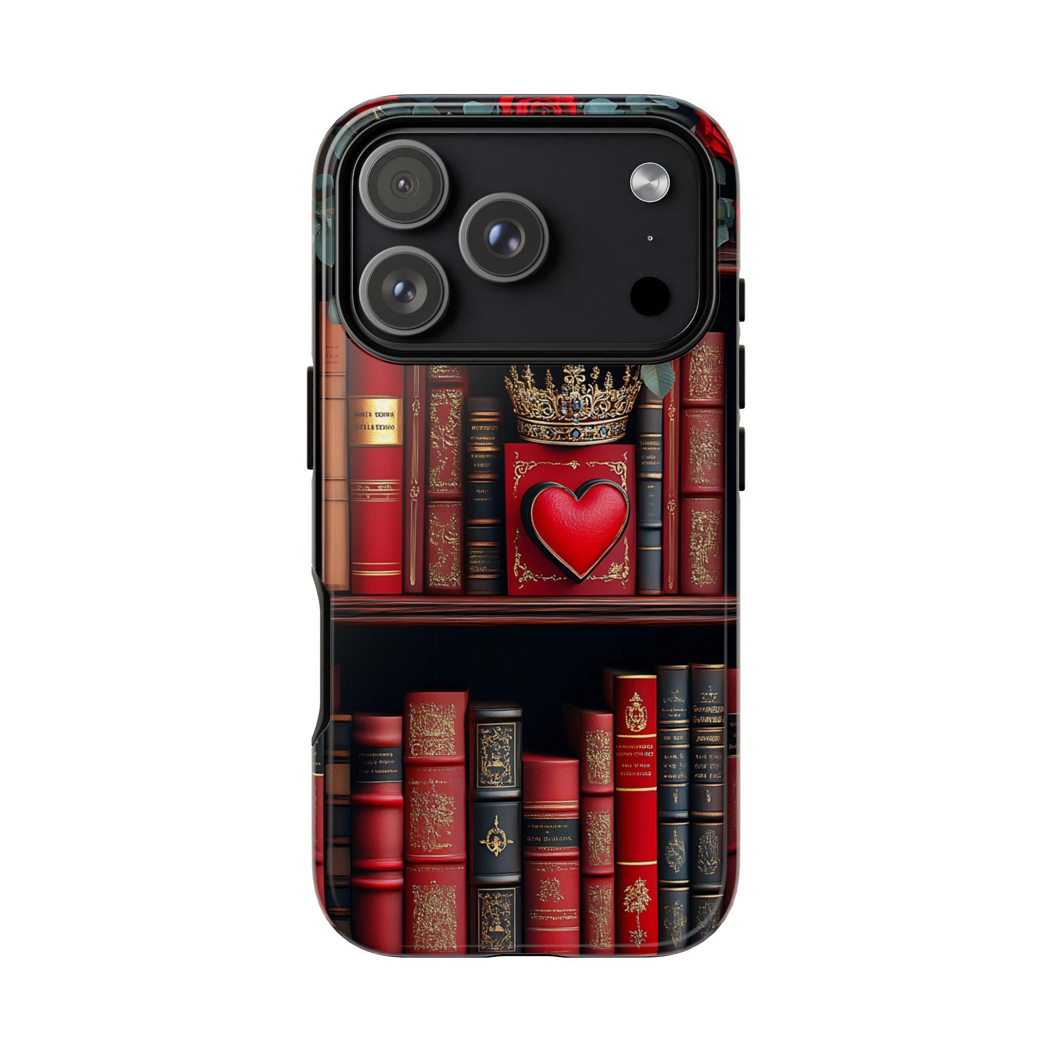 Bookish Bookshelf Heart Phone Case: Red Roses, Romantic Design iPhone Galaxy Pixel Book Gift