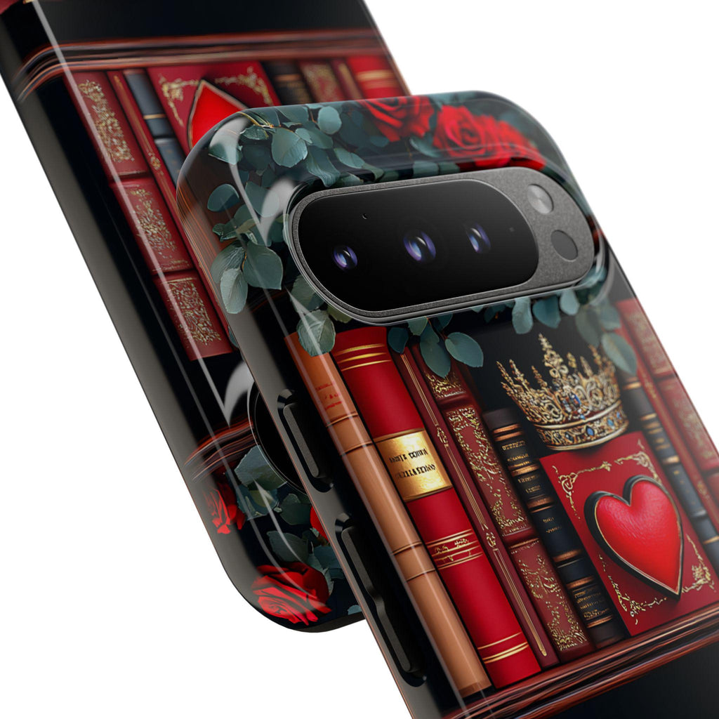 Bookish Bookshelf Heart Phone Case: Red Roses, Romantic Design iPhone Galaxy Pixel Book Gift