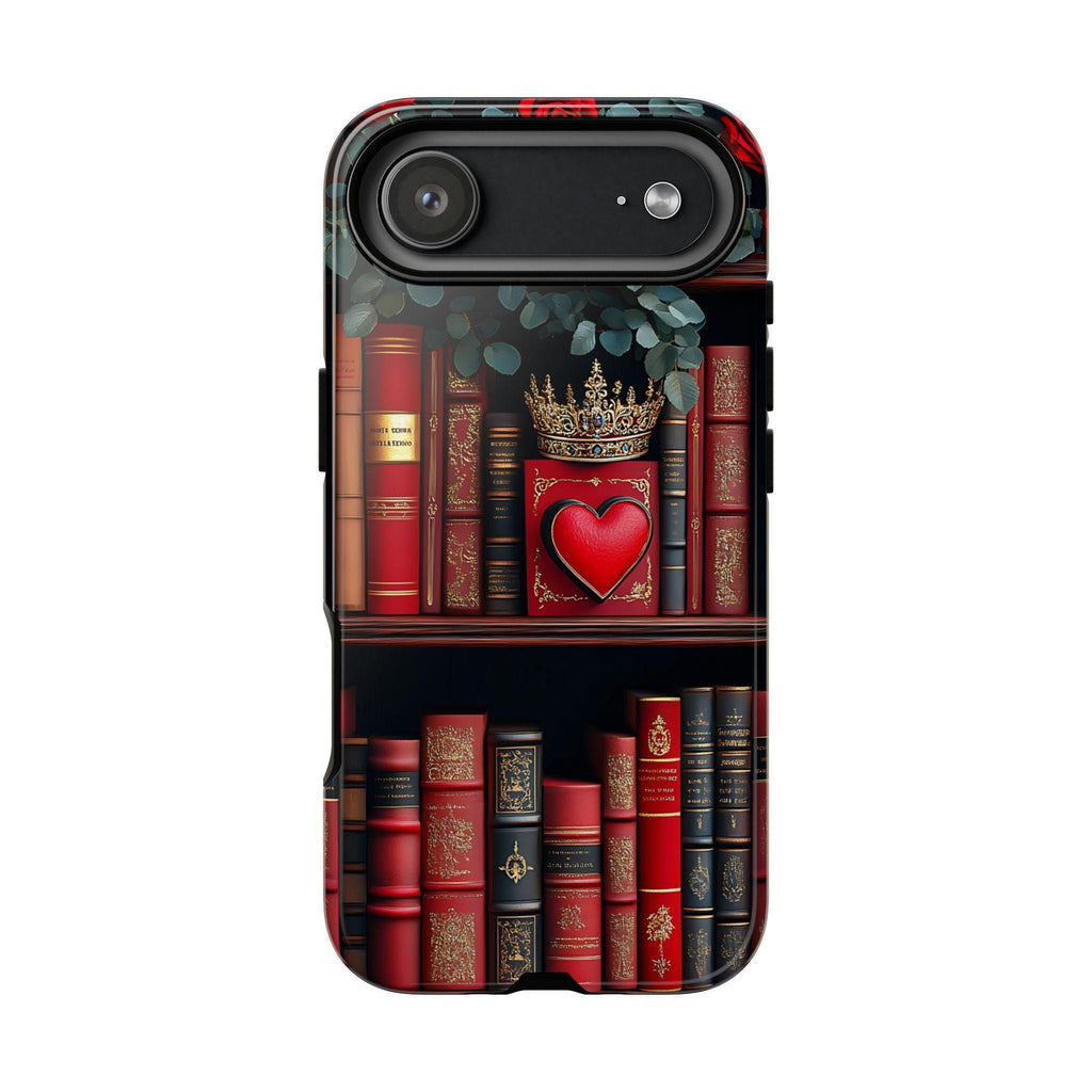 Bookish Bookshelf Heart Phone Case: Red Roses, Romantic Design iPhone Galaxy Pixel Book Gift