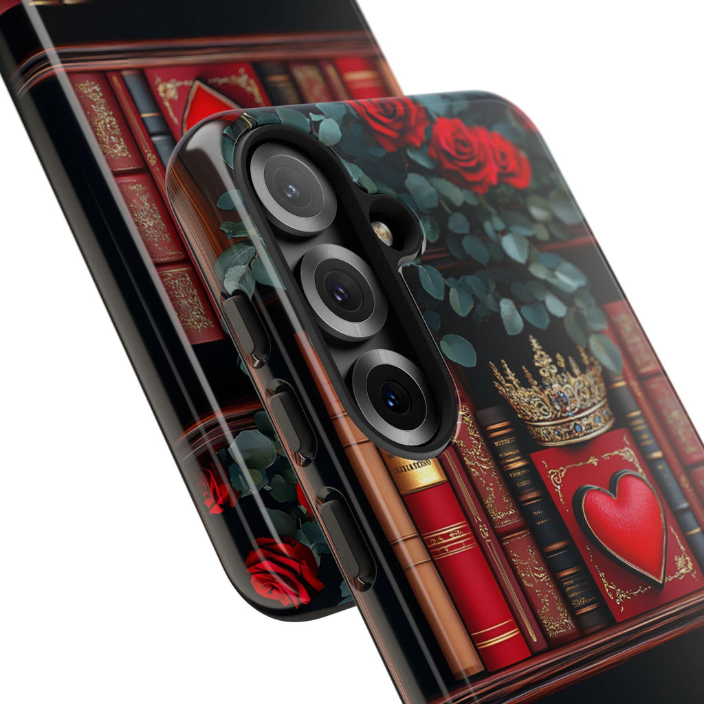 Bookish Bookshelf Heart Phone Case: Red Roses, Romantic Design iPhone Galaxy Pixel Book Gift