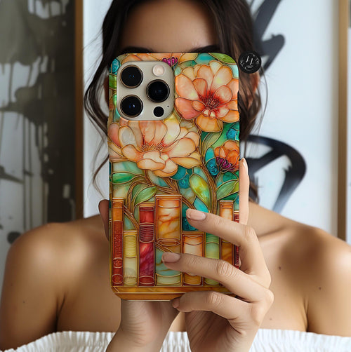 Boho Bookshelf Floral Phone Case: Faux Stained Glass Vintage Cover iPhone Galaxy Pixel Readers
