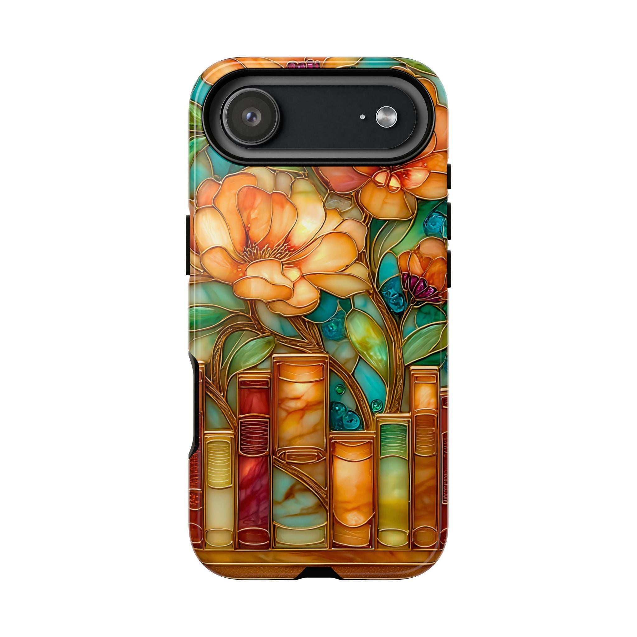 Boho Bookshelf Floral Phone Case: Faux Stained Glass Vintage Cover iPhone Galaxy Pixel Readers