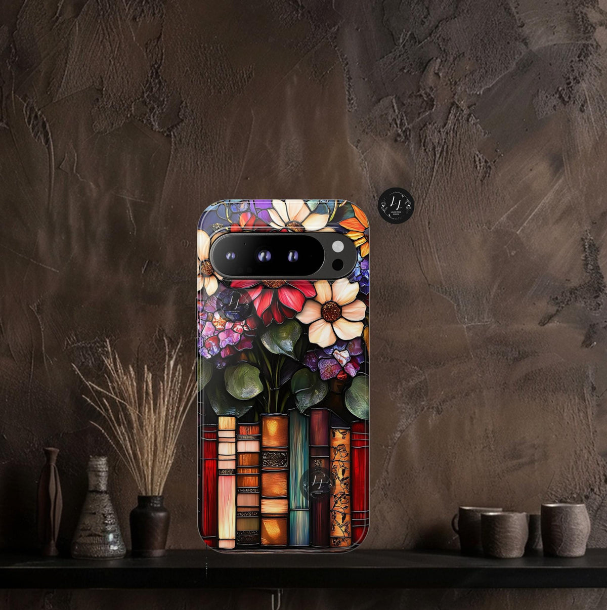 Floral Faux Stained Glass Bookshelf Phone Case: Book Lover Gift  iPhone Galaxy Pixel Literary