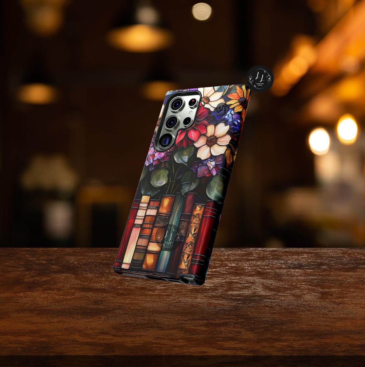Floral Faux Stained Glass Bookshelf Phone Case: Book Lover Gift  iPhone Galaxy Pixel Literary