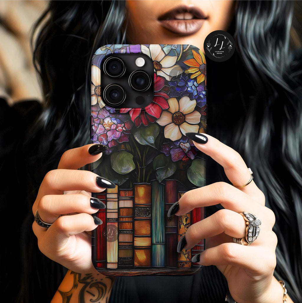 Floral Faux Stained Glass Bookshelf Phone Case: Book Lover Gift  iPhone Galaxy Pixel Literary