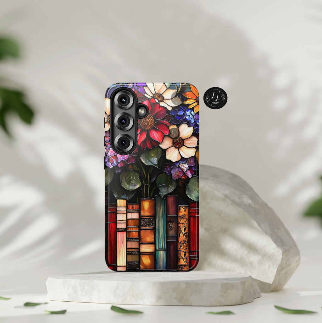 Floral Faux Stained Glass Bookshelf Phone Case: Book Lover Gift  iPhone Galaxy Pixel Literary