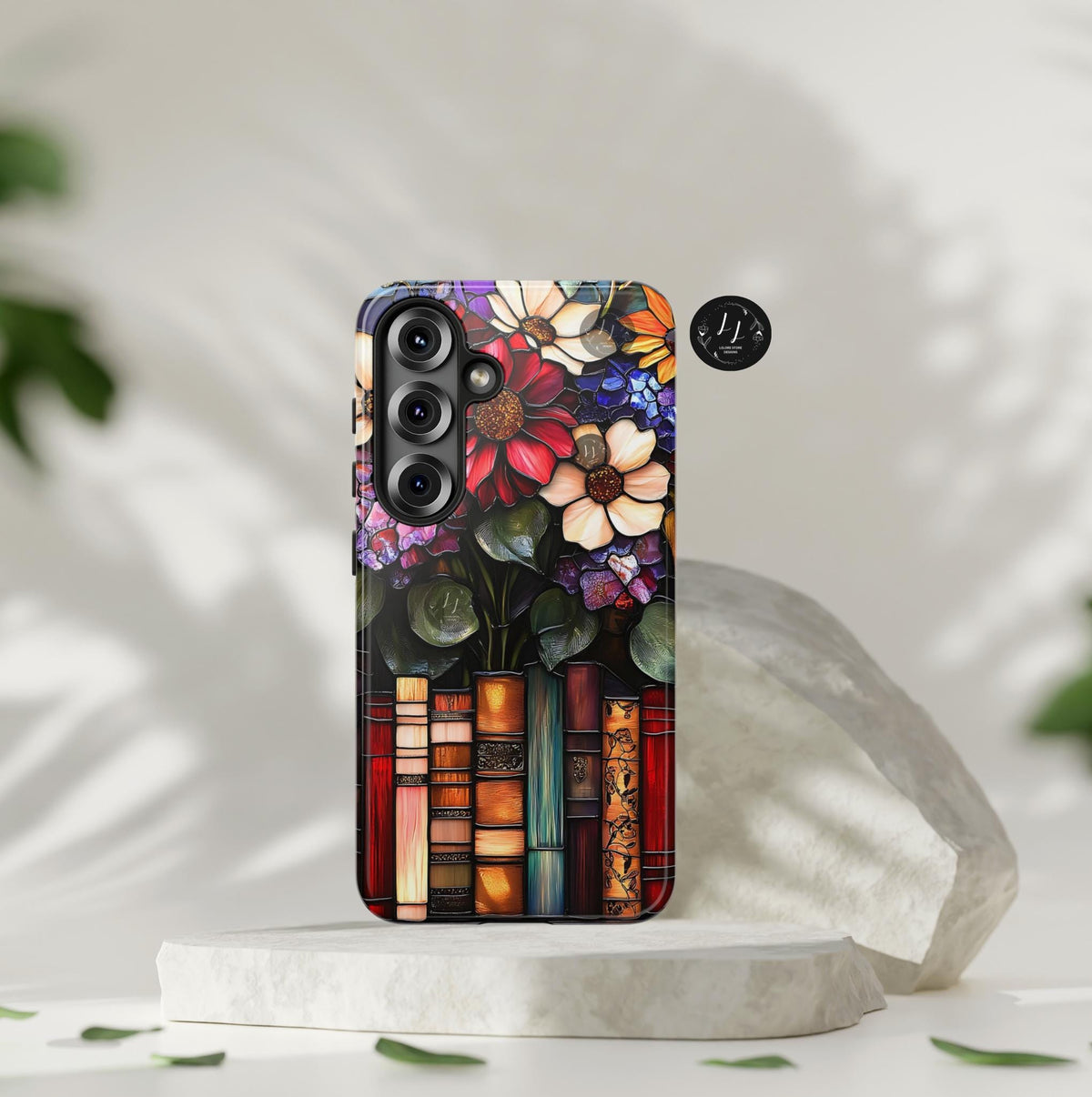 Floral Faux Stained Glass Bookshelf Phone Case: Book Lover Gift  iPhone Galaxy Pixel Literary