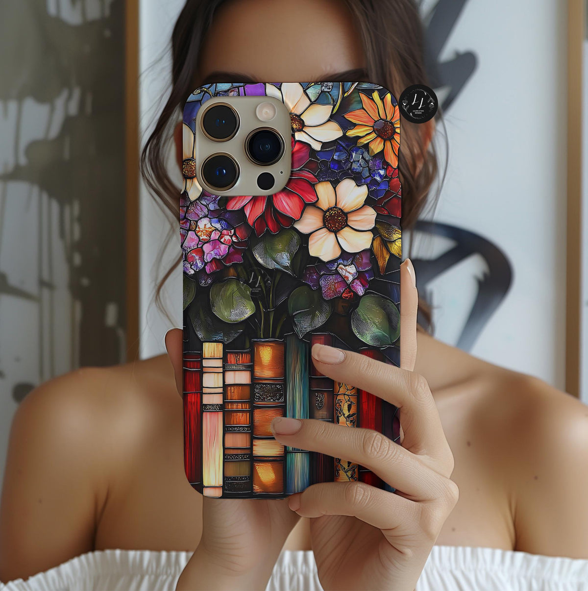 Floral Faux Stained Glass Bookshelf Phone Case: Book Lover Gift  iPhone Galaxy Pixel Literary
