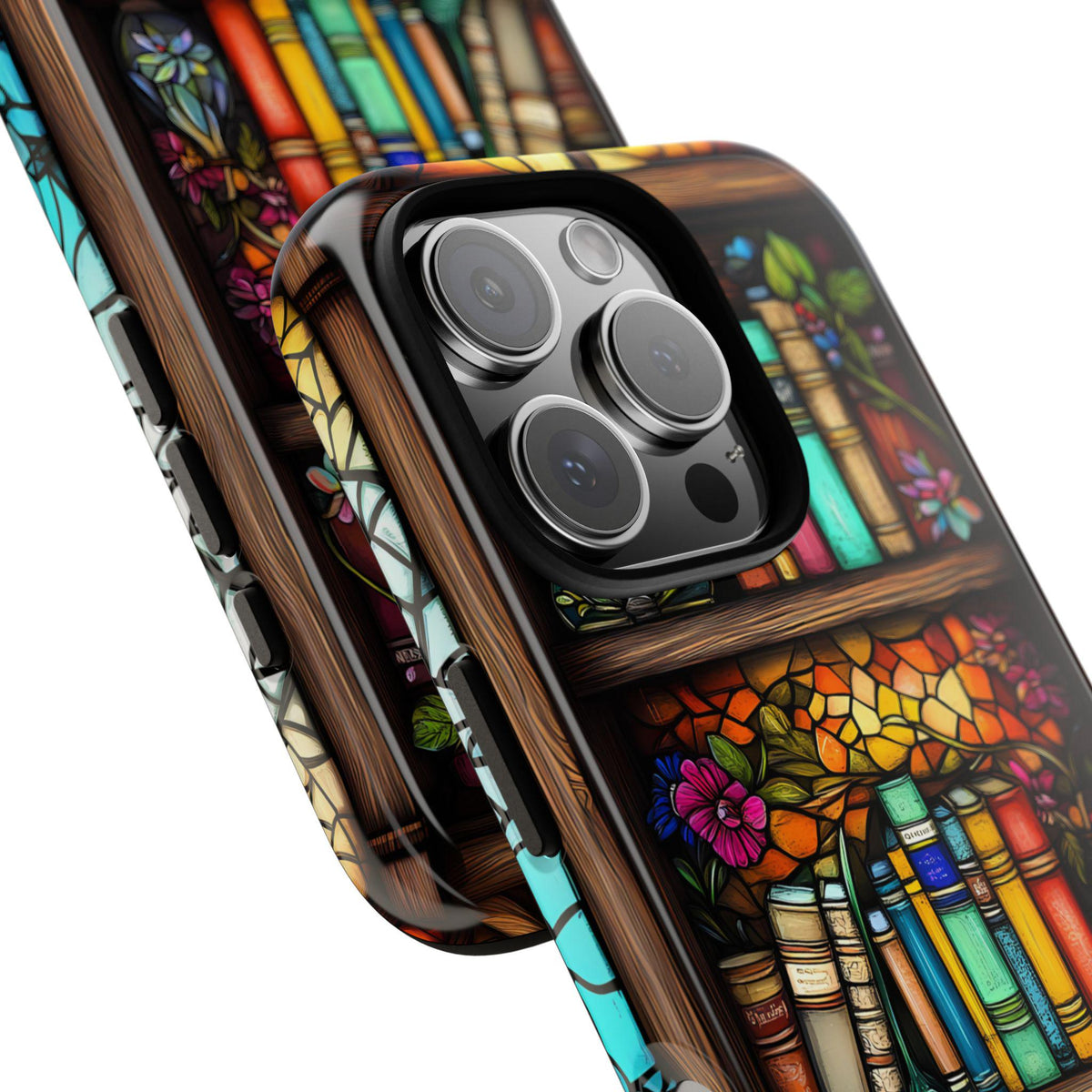 Floral Stained Glass Bookshelf Phone Case: Book Lover Gift Librarian iPhone galaxy pixel cover