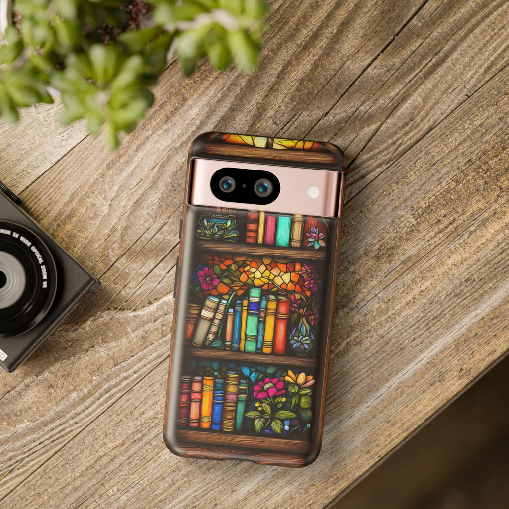 Floral Stained Glass Bookshelf Phone Case: Book Lover Gift Librarian iPhone galaxy pixel cover