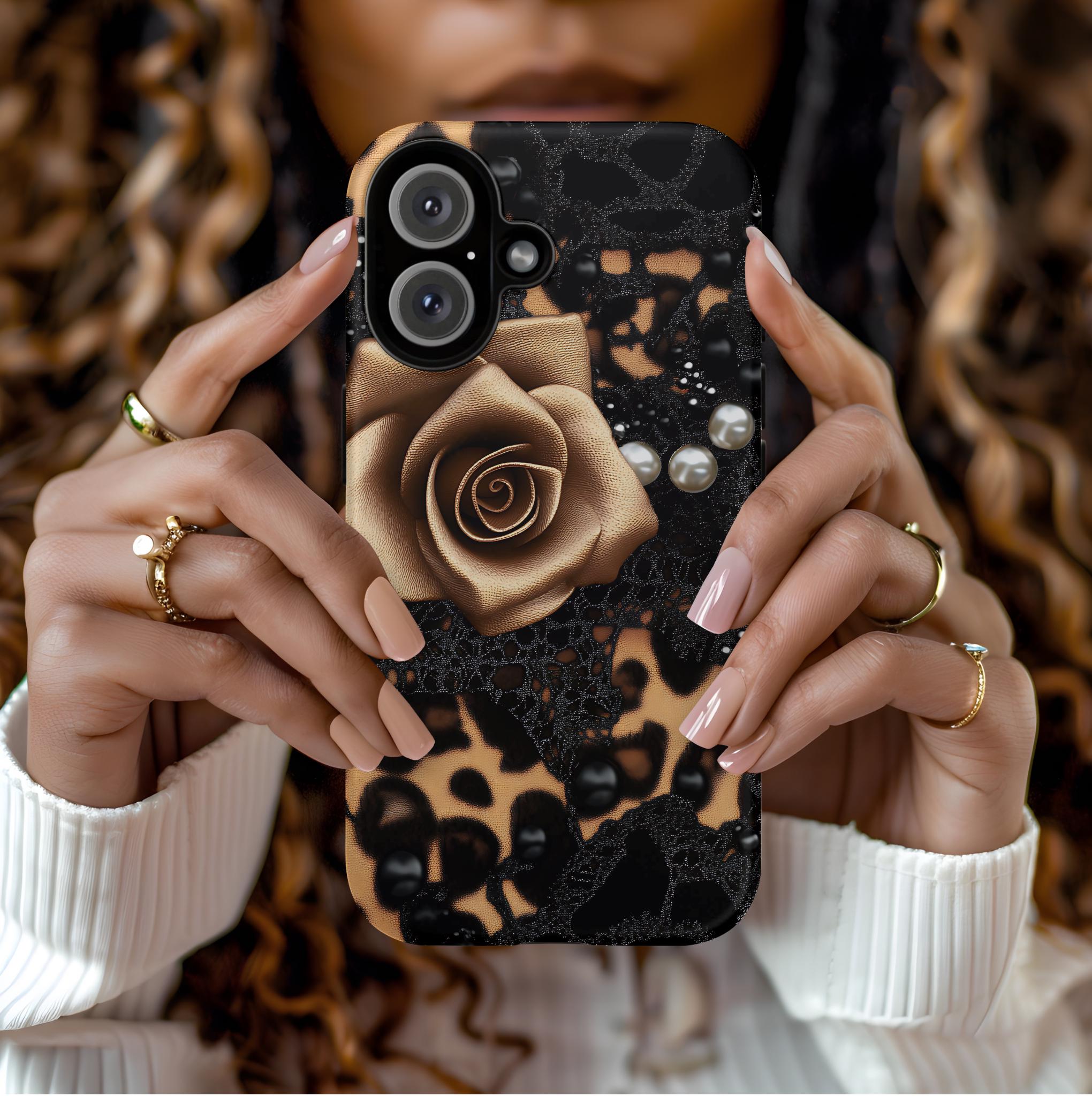 Bling Glam Leopard Print Phone Case: Black & Brown Tones  iPhone , Samsung Pixel Women gift