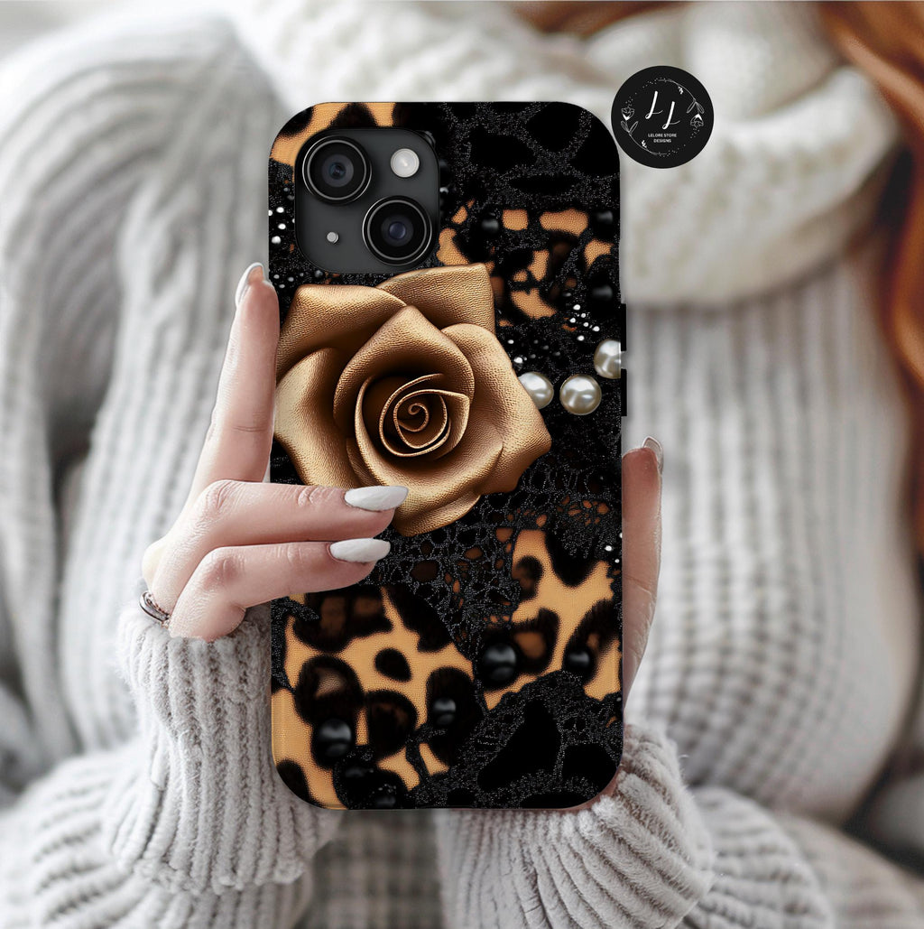 Bling Glam Leopard Print Phone Case: Black & Brown Tones  iPhone , Samsung Pixel Women gift