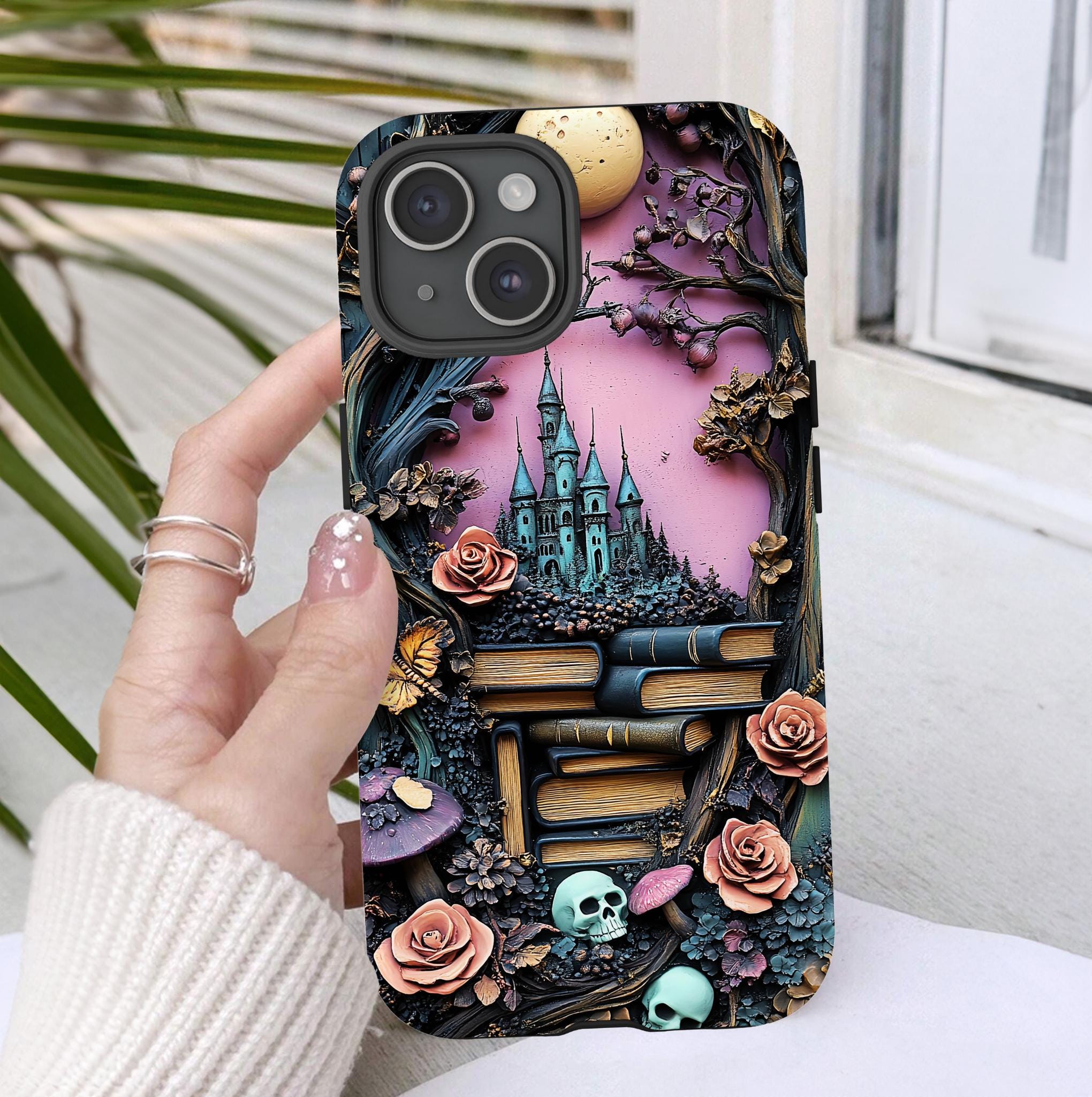 Dark Academia Bookshelf Phone Case: Bookish Gothic Library, Skulls & Florals iPhone Galaxy Pixel