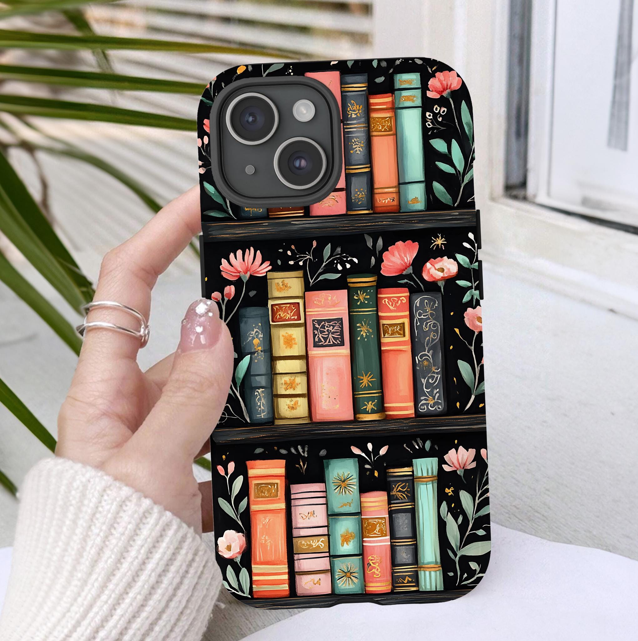 Floral Bookshelf Phone Case: Bookish Librarian Gift   Boho flowers iPhone, Galaxy, Pixel