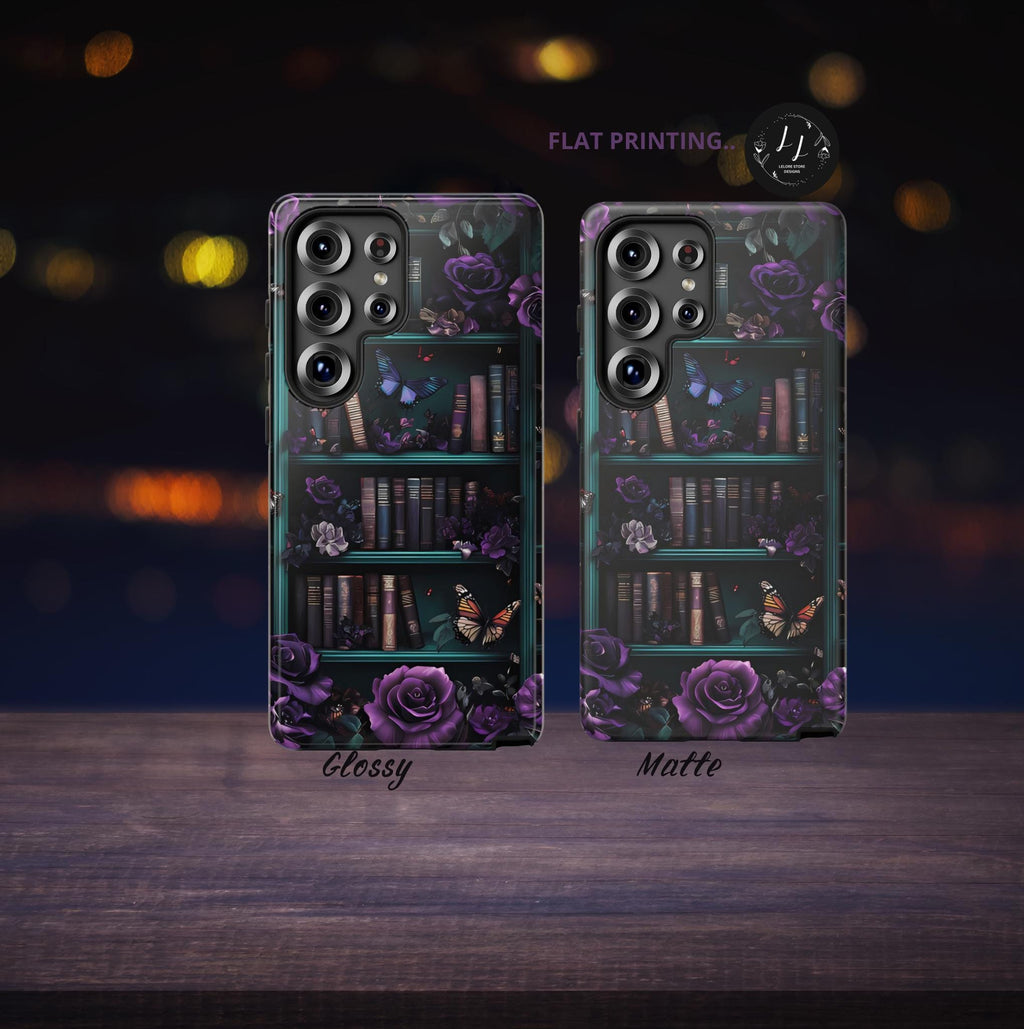 Bookish Floral Bookshelf Phone Case: Purple Emerald Design Book Lover Gift iPhone Galaxy Pixel