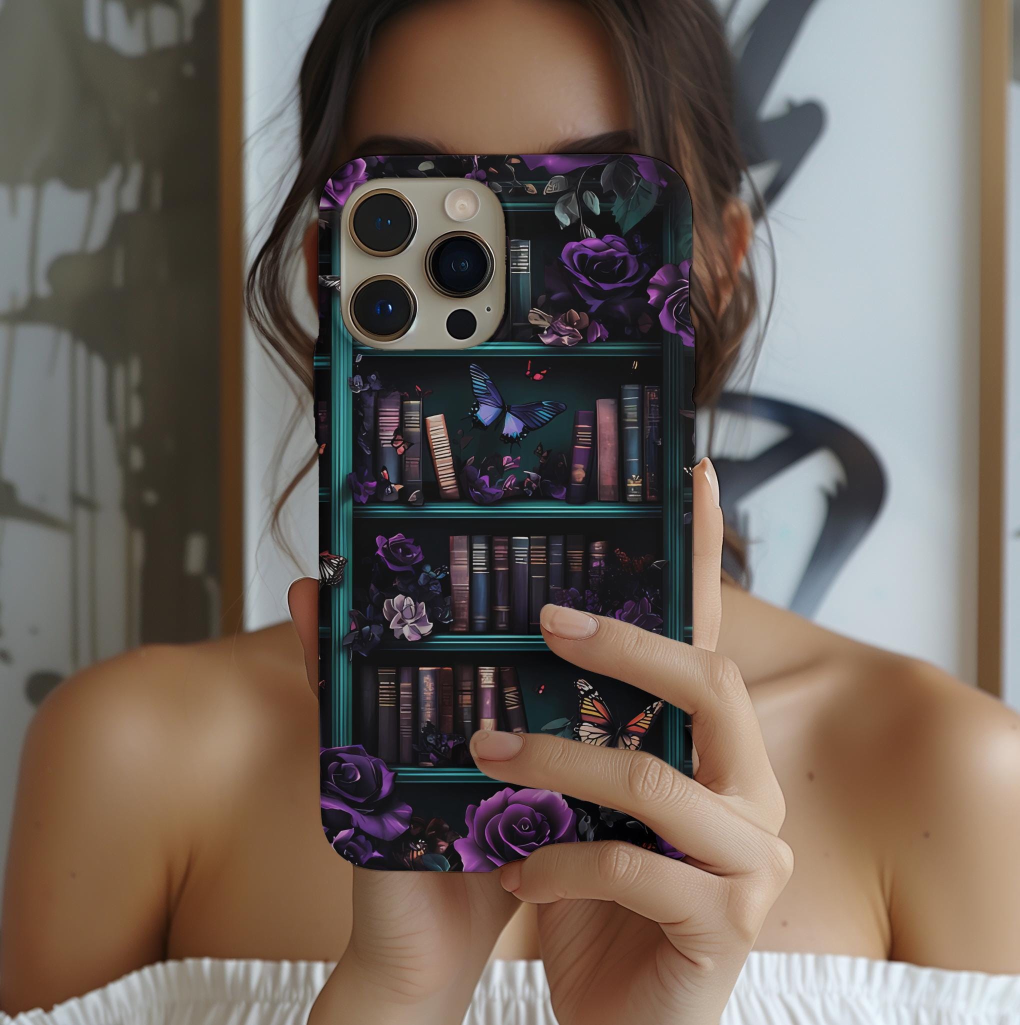 Bookish Floral Bookshelf Phone Case: Purple Emerald Design Book Lover Gift iPhone Galaxy Pixel