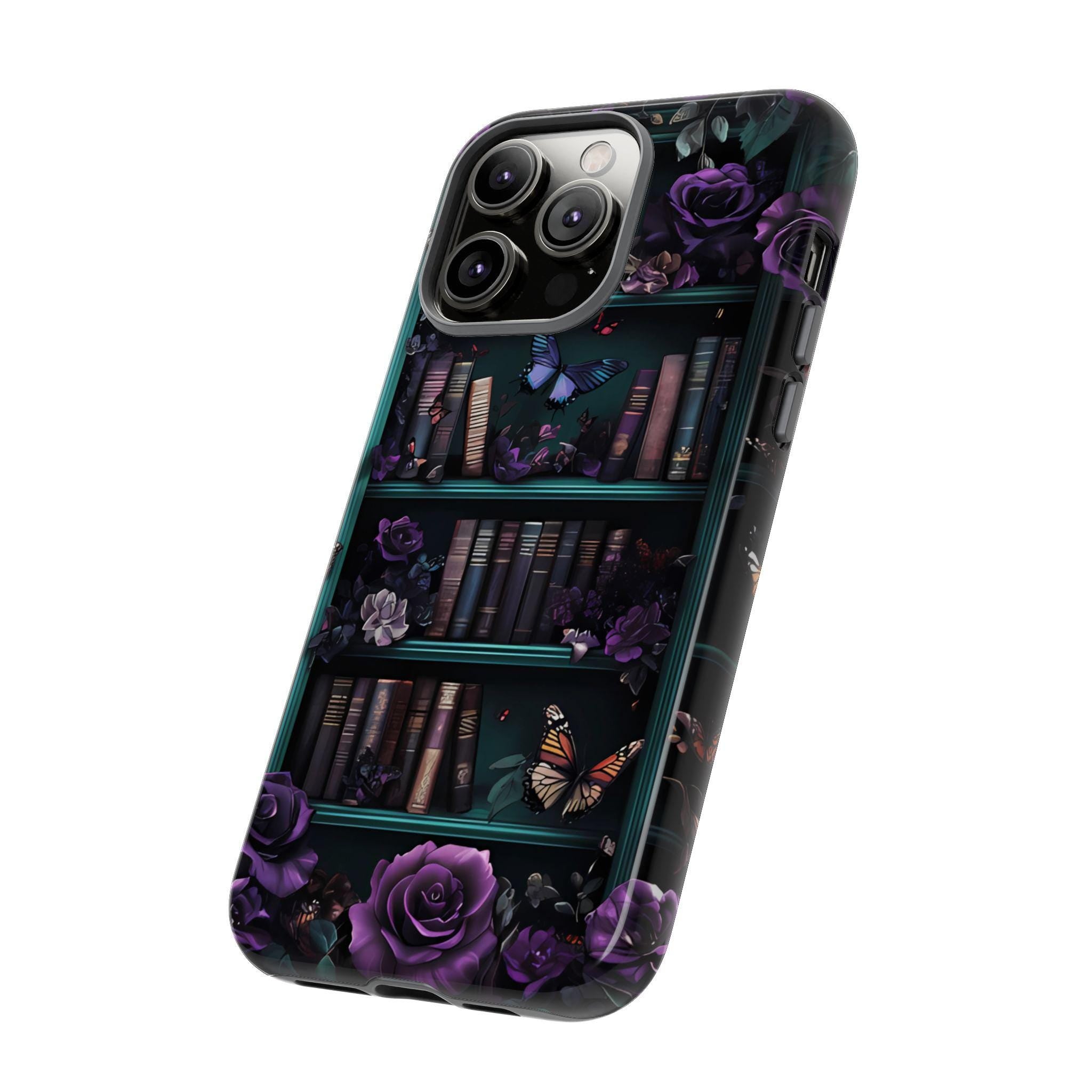 Bookish Floral Bookshelf Phone Case: Purple Emerald Design Book Lover Gift iPhone Galaxy Pixel