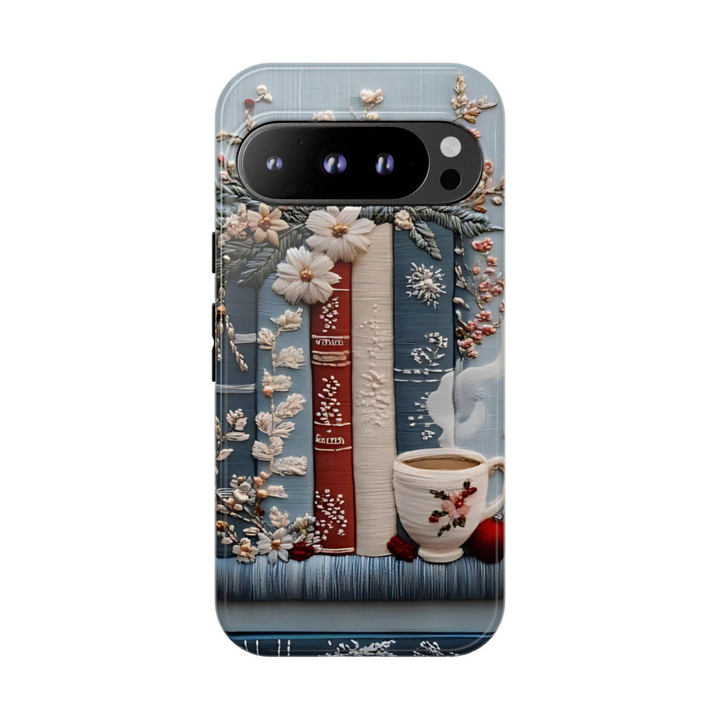 Boho Faux Embroidered phone case, Bookish Blue Jea Coffee Lover, Floral iPhone Galaxy Pixel