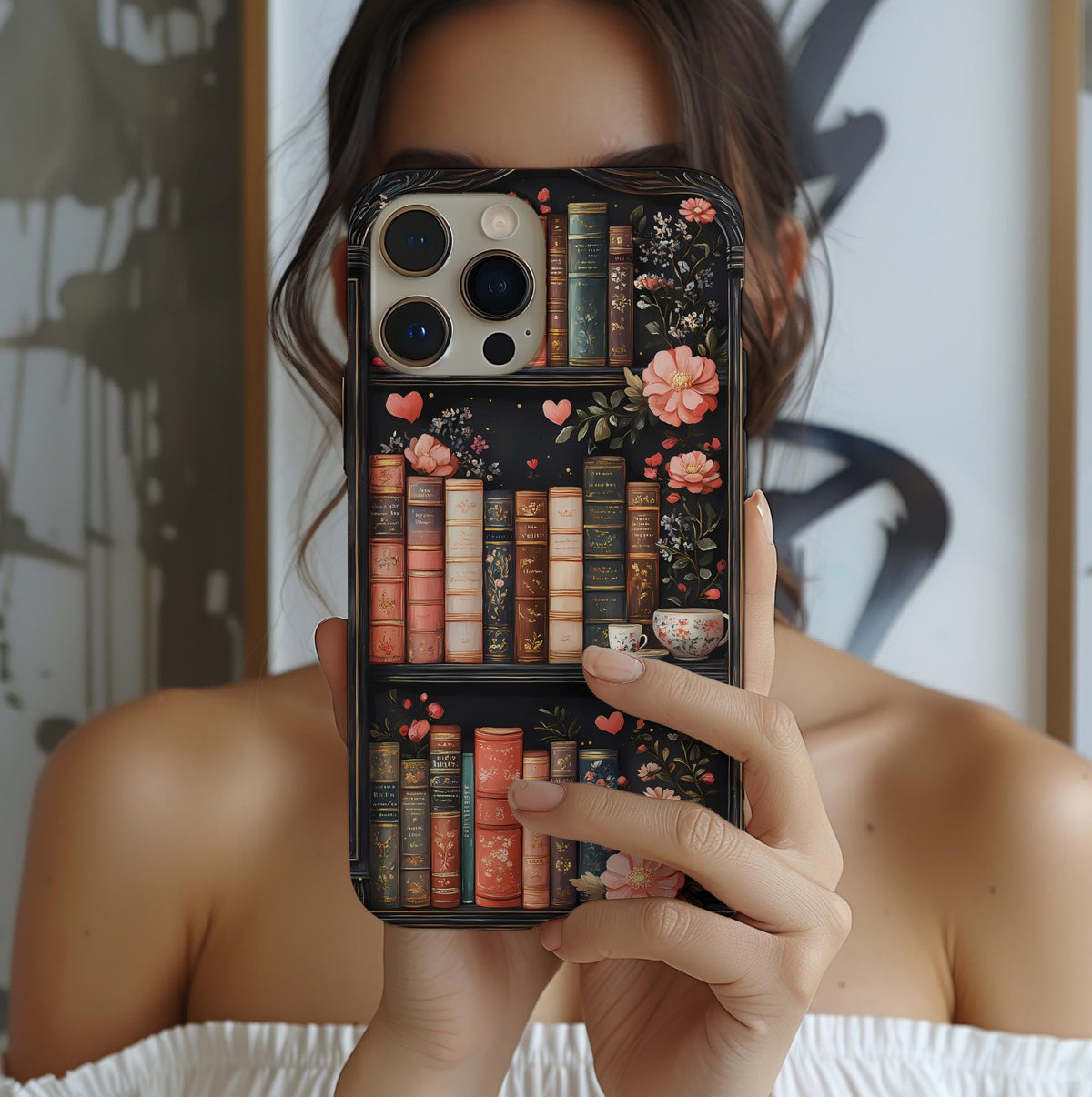 Vintage Library Bookshelf Phone Case, Elegant Floral Bookish, Book Lovers Gift iPhone Galaxy Pixel