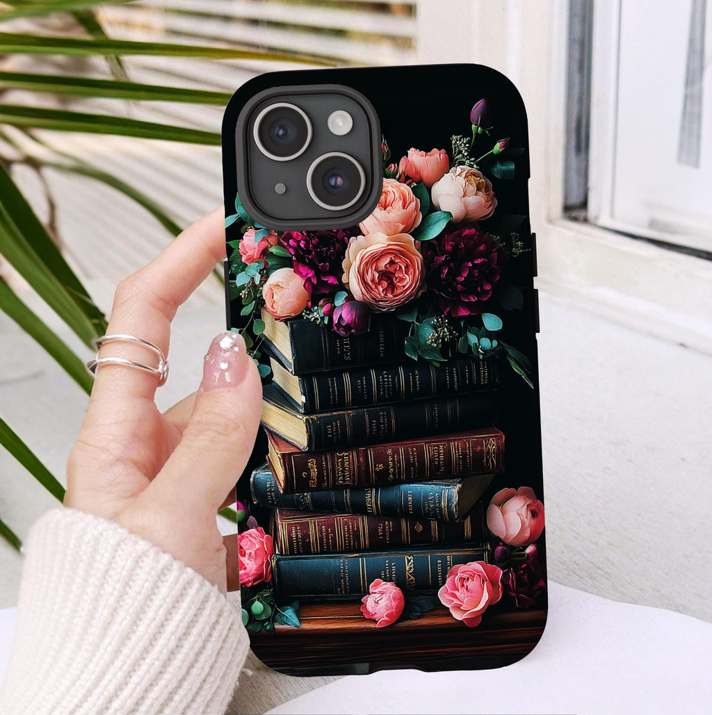 Elegant Floral Bookish Phone Case, Books Floral Design, Bookworm Lovers Gift iPhone Galaxy Pixel