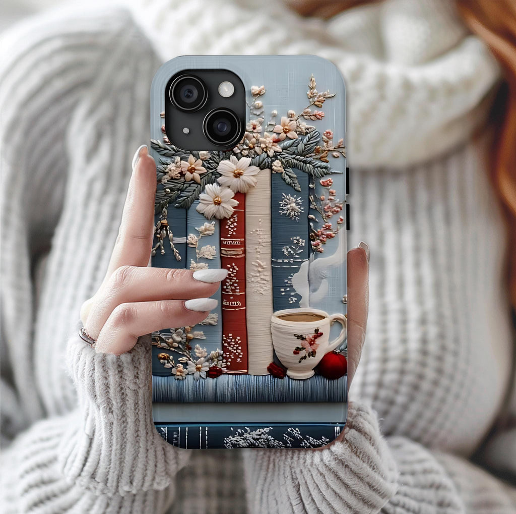 Boho Faux Embroidered phone case, Bookish Blue Jea Coffee Lover, Floral iPhone Galaxy Pixel