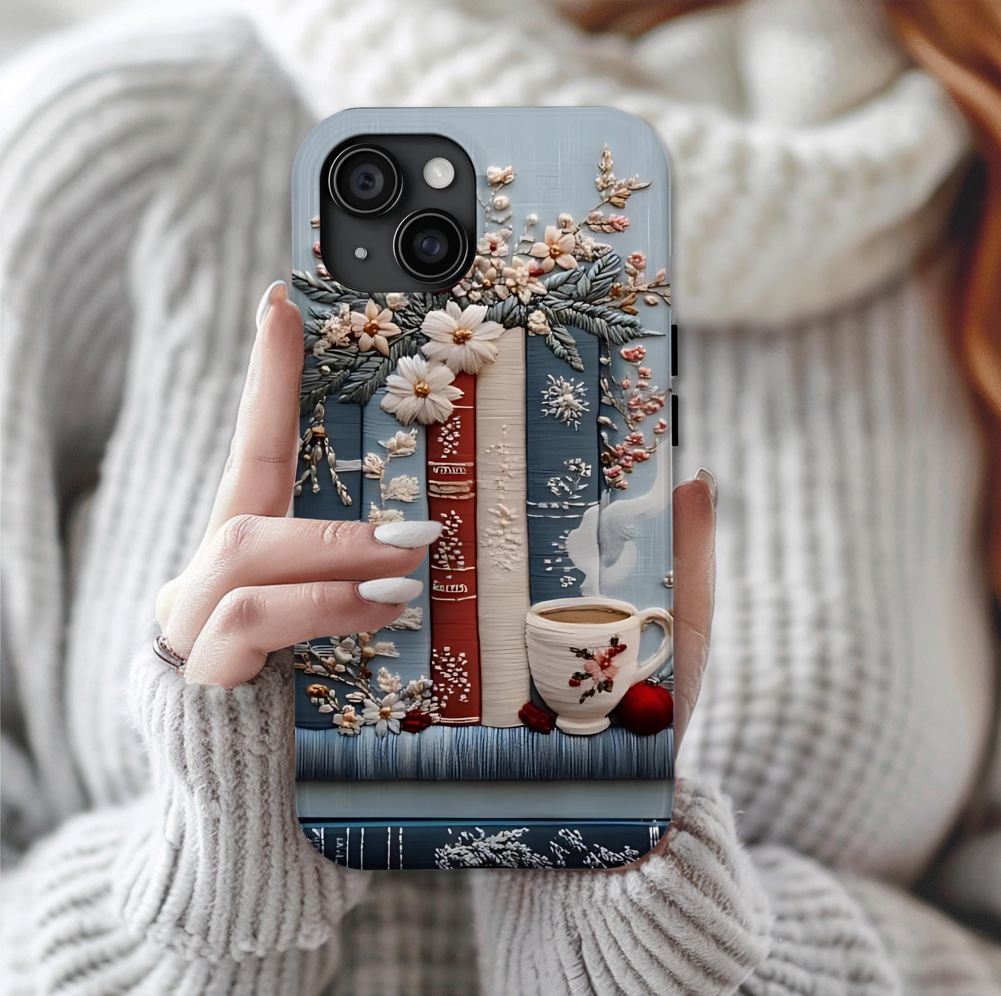 Boho Faux Embroidered phone case, Bookish Blue Jea Coffee Lover, Floral iPhone Galaxy Pixel