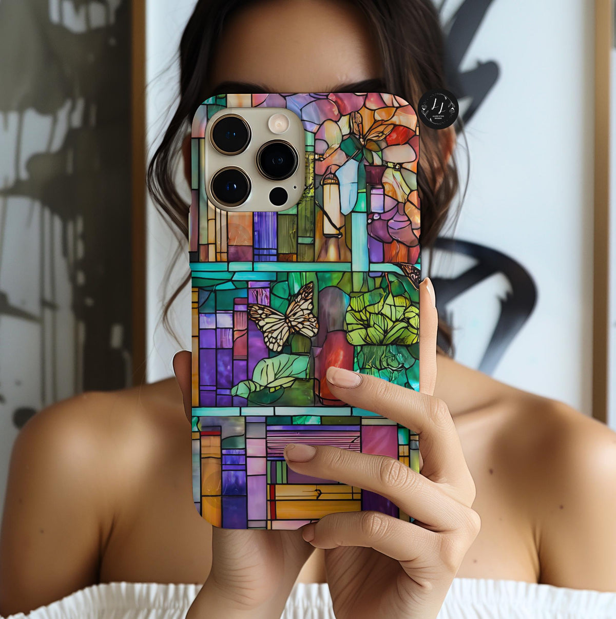 Floral Bookshelf Phone Case: Faux Stained Glass, Cottagecore Library Bookish iPhone Samsung Pixel