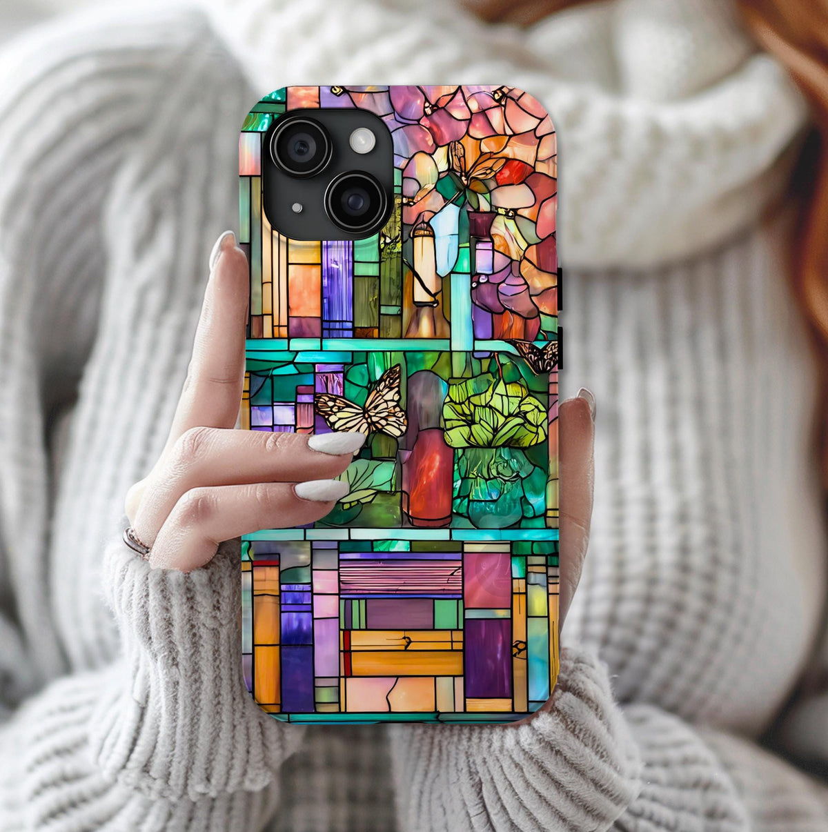 Floral Bookshelf Phone Case: Faux Stained Glass, Cottagecore Library Bookish iPhone Samsung Pixel