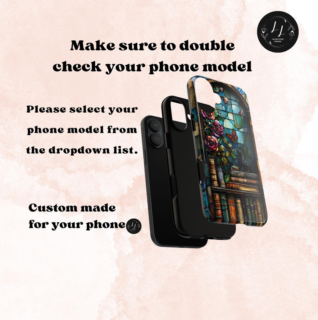 Bookish Dragon Phone Case: Fantasy Bookshelf Faux Stained GlassiPhone Galaxy Pixel Book lover gift