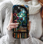 Bookish Dragon Phone Case: Fantasy Bookshelf Faux Stained GlassiPhone Galaxy Pixel Book lover gift
