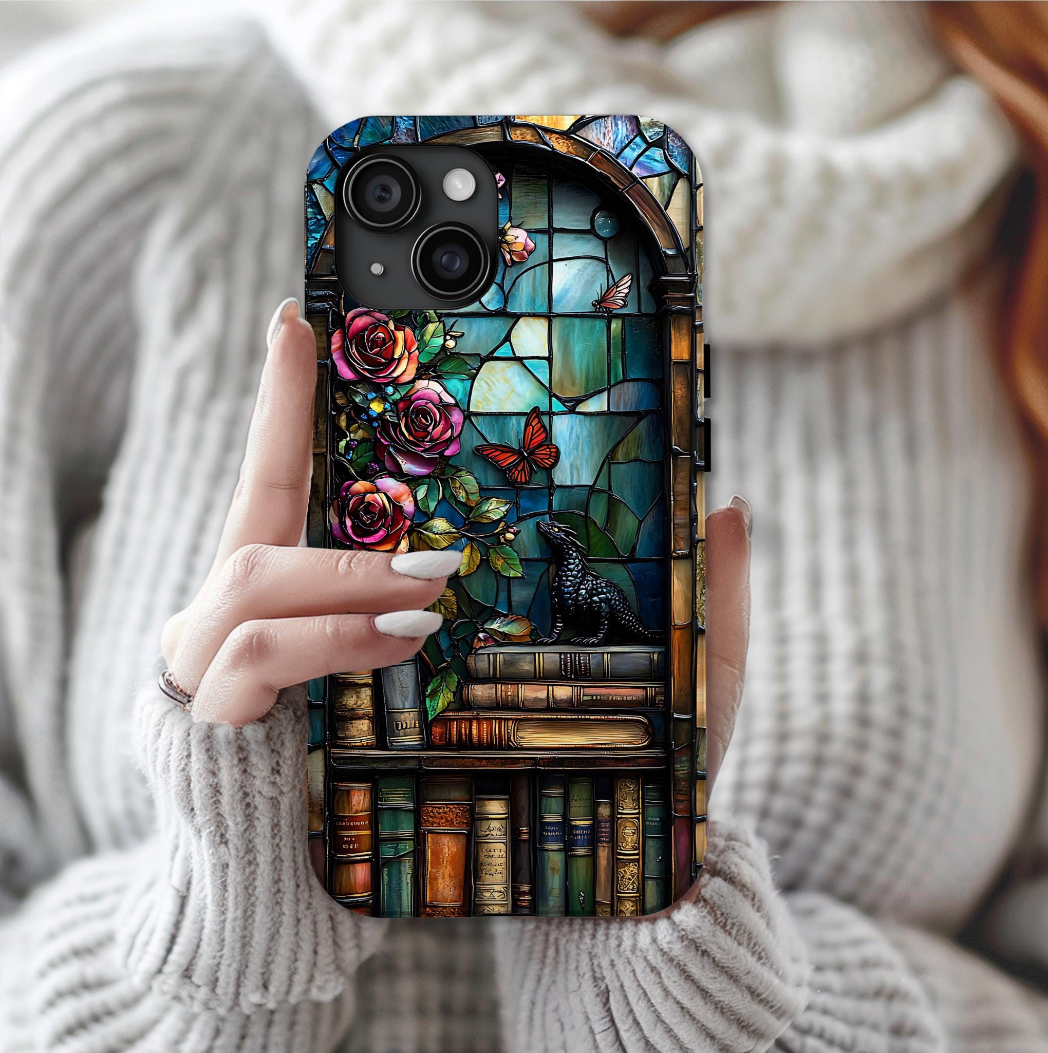 Bookish Dragon Phone Case: Fantasy Bookshelf Faux Stained GlassiPhone Galaxy Pixel Book lover gift