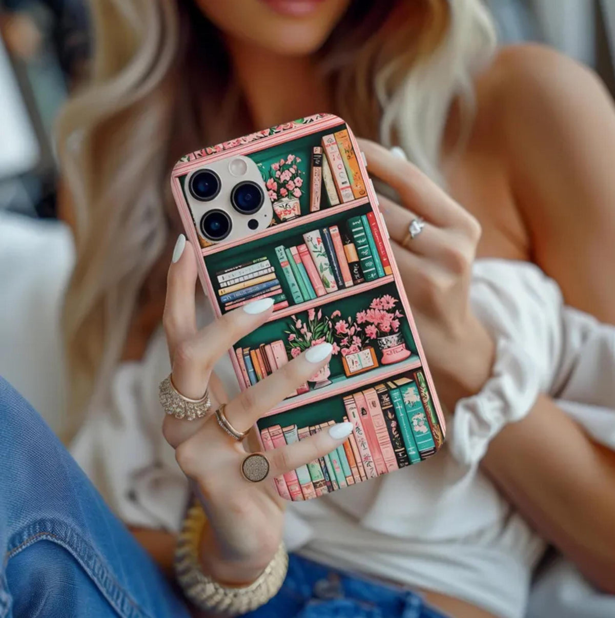 Pink Floral Bookshelf Phone Case, Vintage Bookish Flower iPhone Galaxy Pixel Book Lover Gift