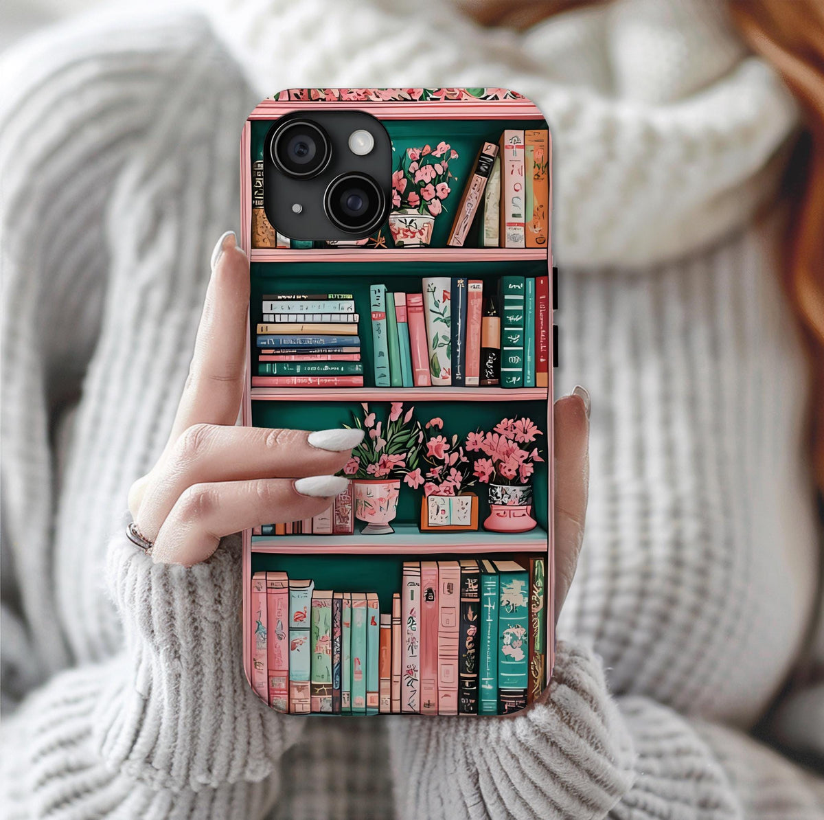 Pink Floral Bookshelf Phone Case, Vintage Bookish Flower iPhone Galaxy Pixel Book Lover Gift