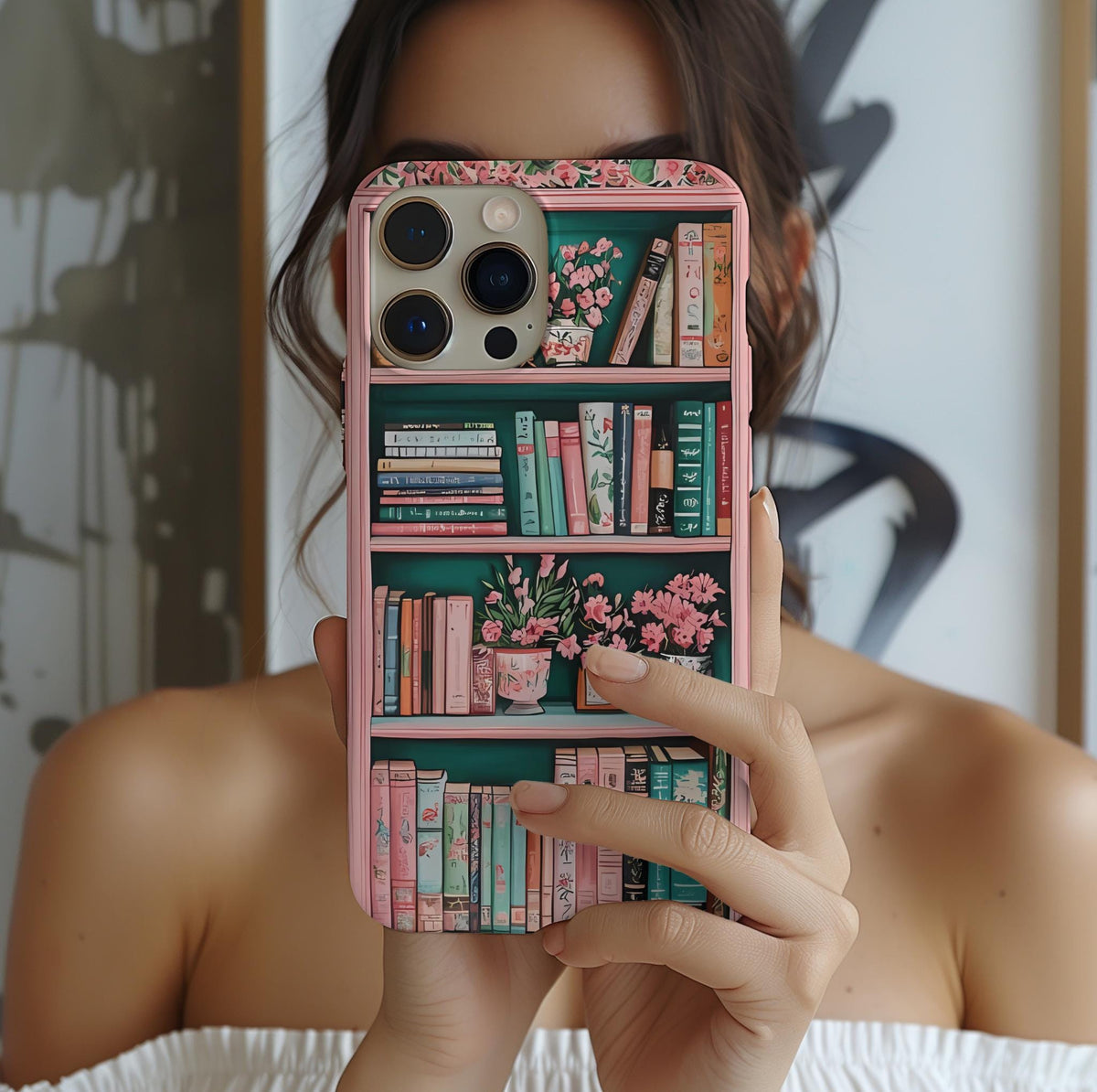 Pink Floral Bookshelf Phone Case, Vintage Bookish Flower iPhone Galaxy Pixel Book Lover Gift