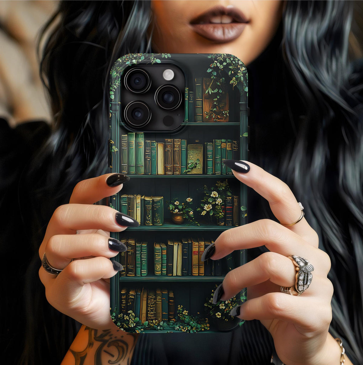 Green Floral Bookshelf Phone Case: Book Lover Gift Bookish Literature boho iPhone Galaxy Pixel