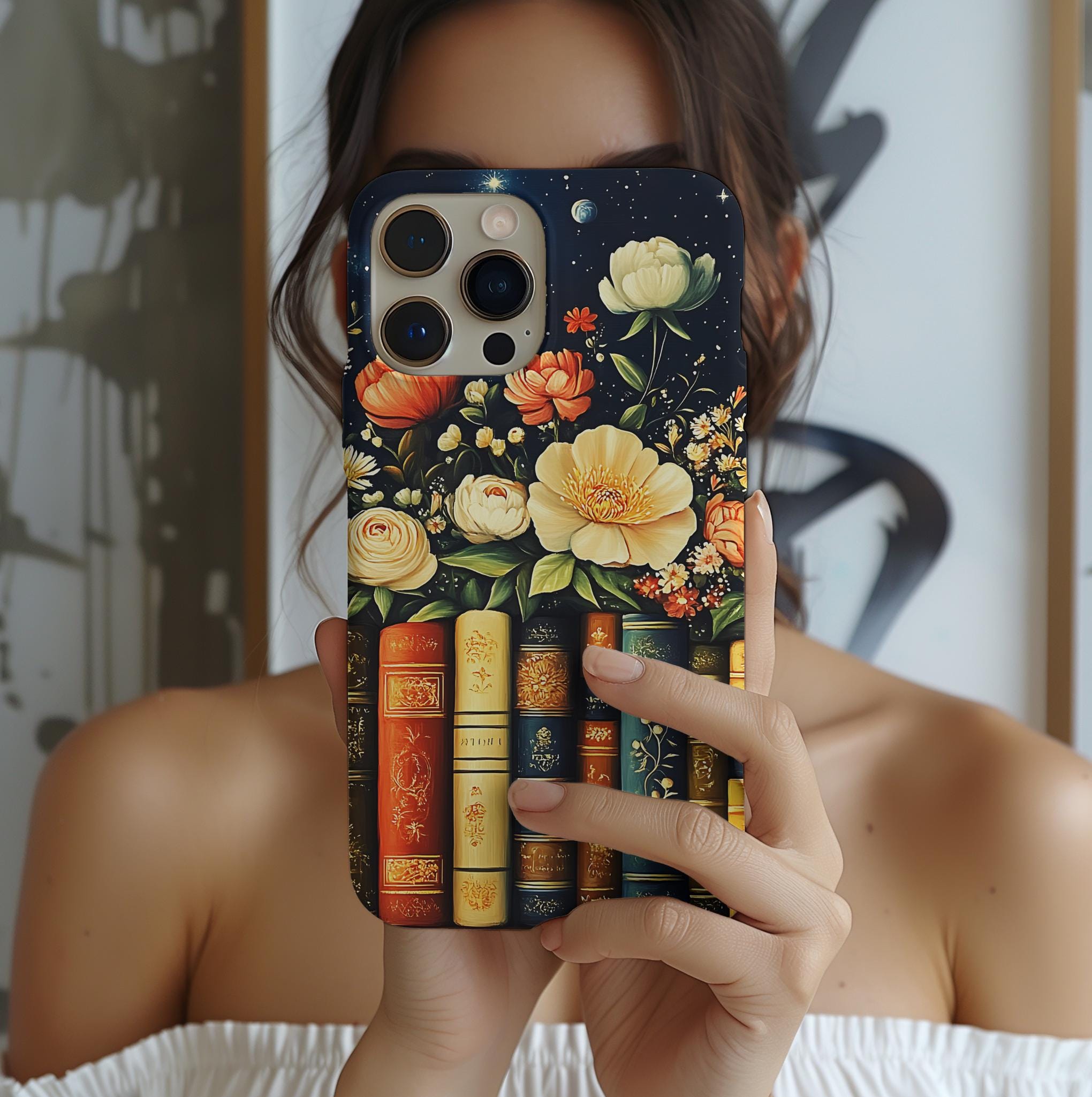 Celestial Floral Bookshelf Phone Case: Book Lover Gift iPhone Galaxy Pixel  Librarians