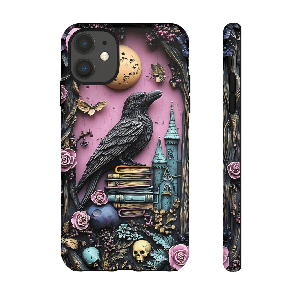 Gothic Raven Bookshelf Phone Case: Dark Academia Book Lover Gift iPhone Galaxy Pixel