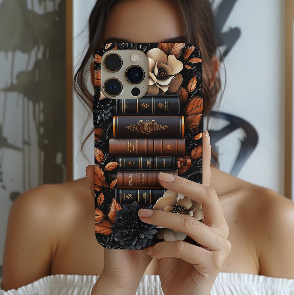 Brown Floral Bookshelf Phone Case, Bookish Flower Unique iPhone  Galaxy  Pixel Book Lover Gift