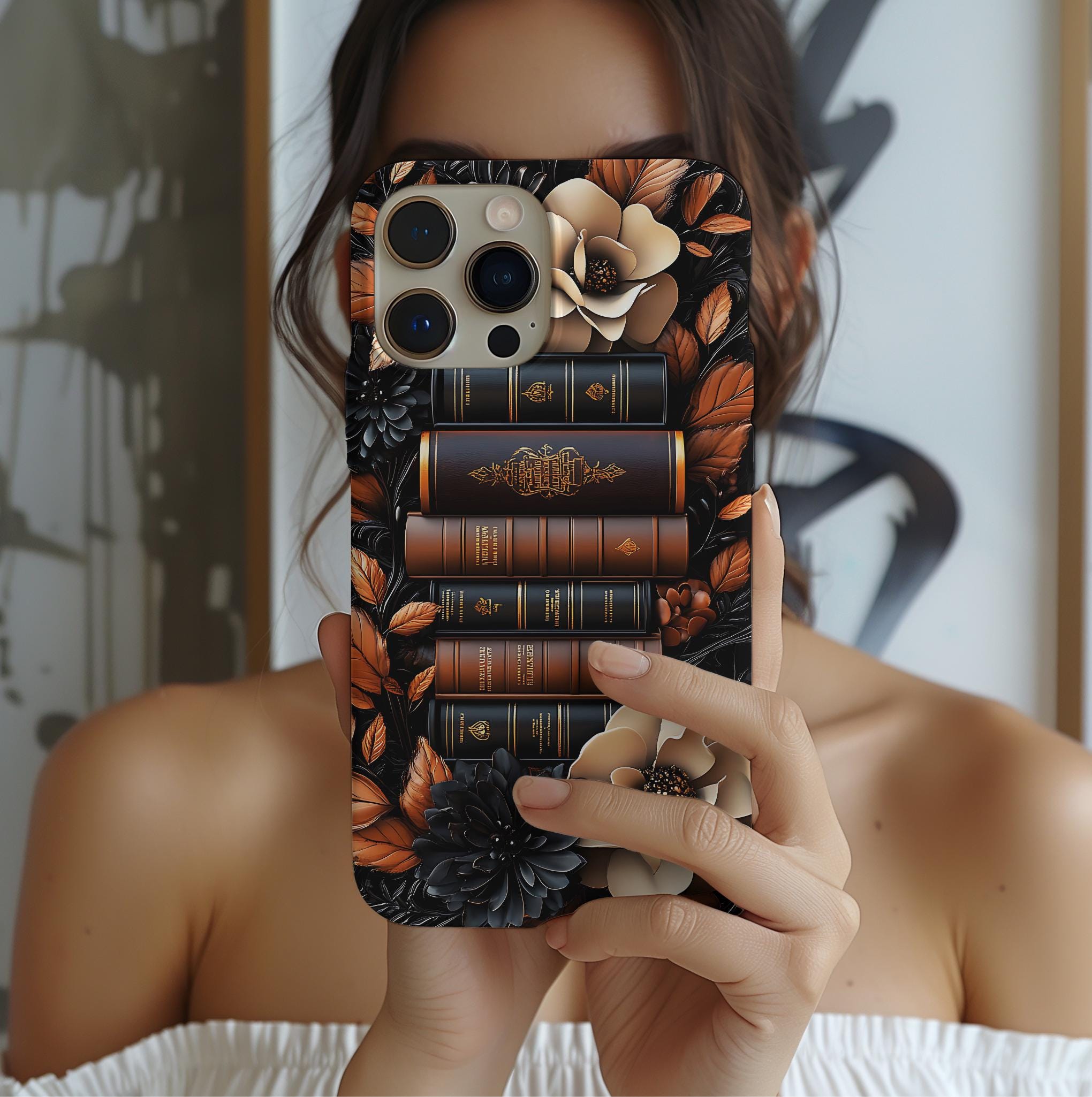Brown Floral Bookshelf Phone Case, Bookish Flower Unique iPhone  Galaxy  Pixel Book Lover Gift