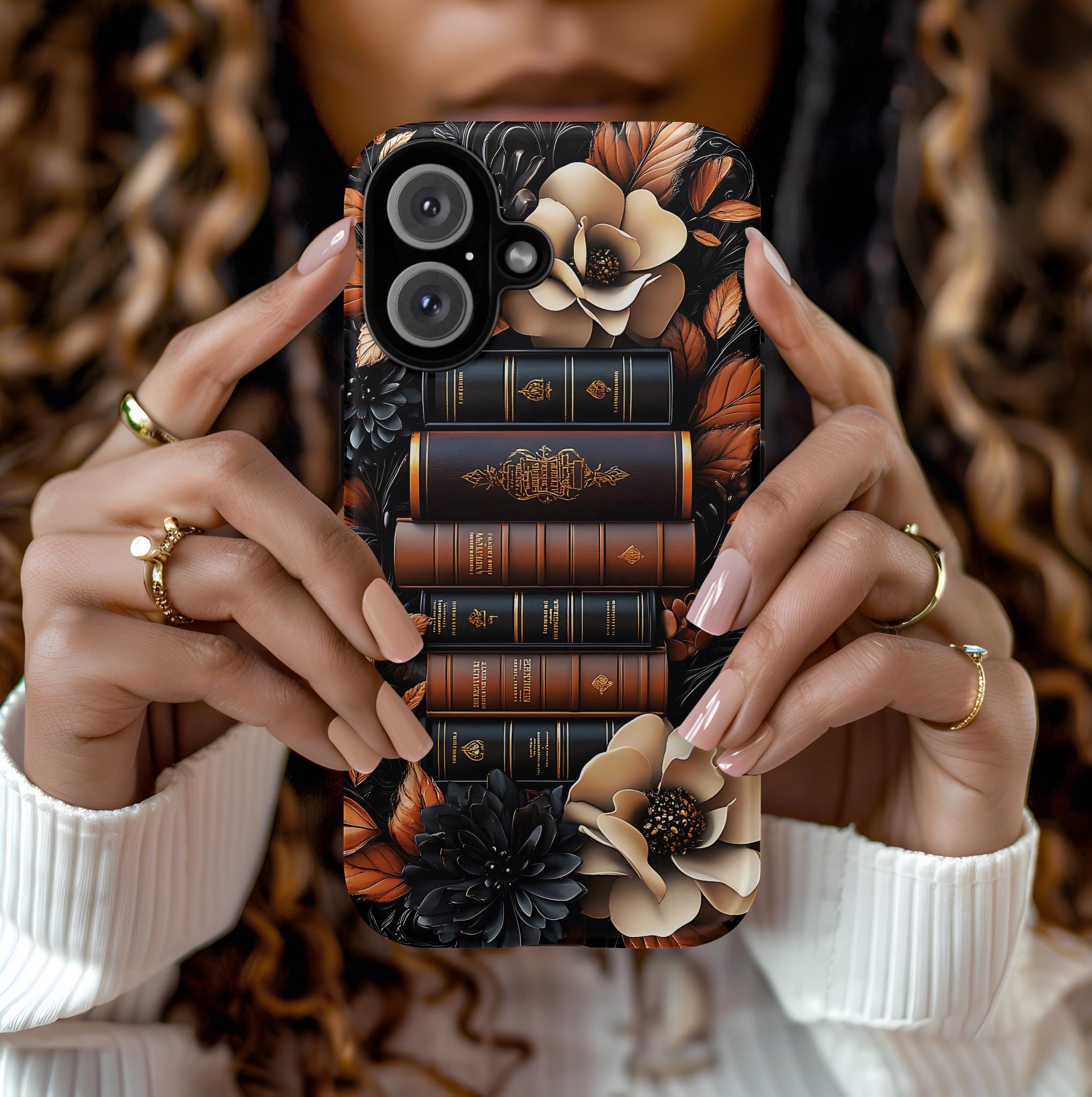 Brown Floral Bookshelf Phone Case, Bookish Flower Unique iPhone  Galaxy  Pixel Book Lover Gift