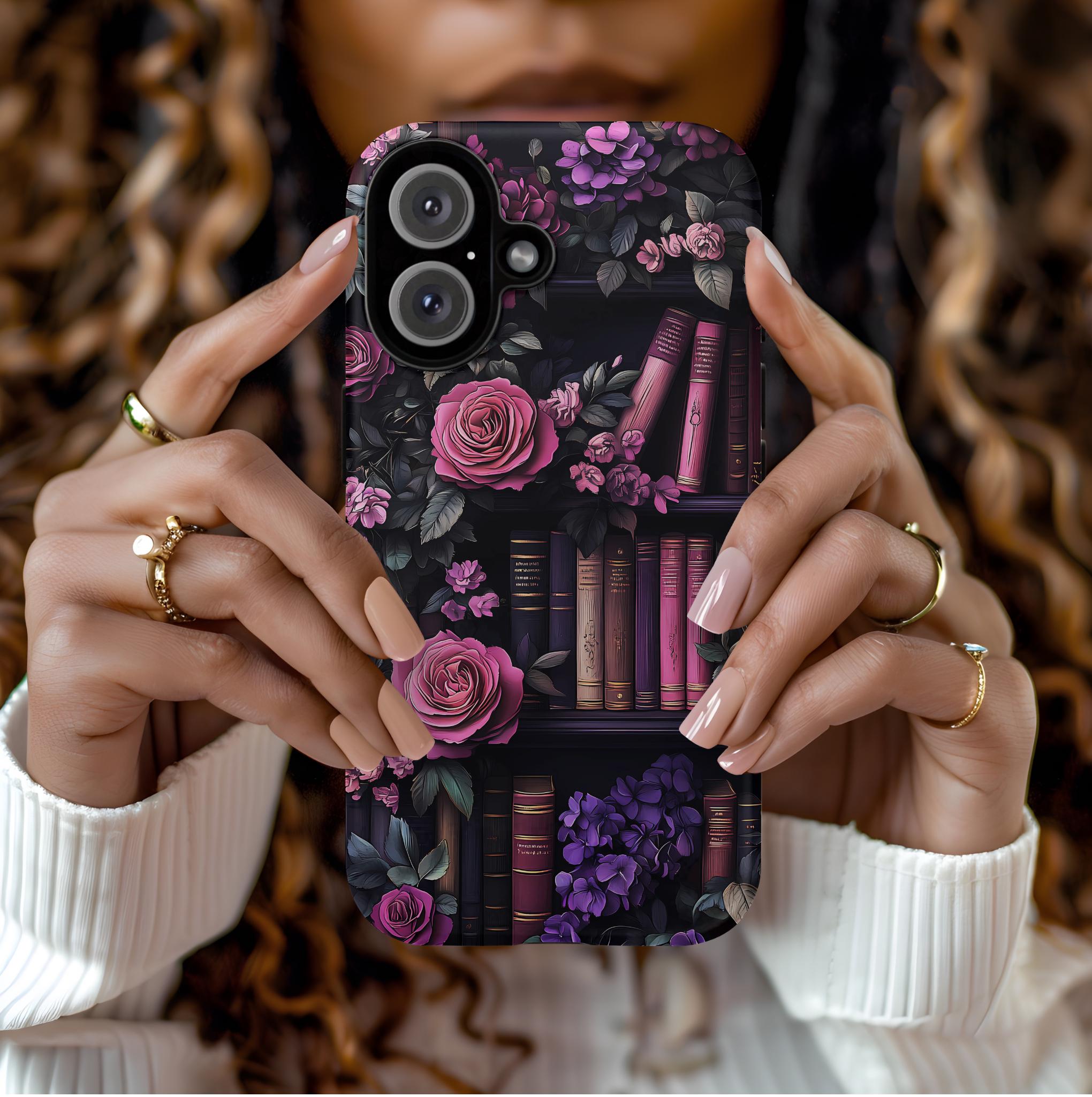 Floral Book Phone Case, Vintage Purple Bookshelf Boho Book Lover Gift, iPhone Galaxy, Pixel