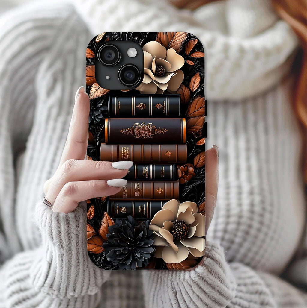 Brown Floral Bookshelf Phone Case, Bookish Flower Unique iPhone  Galaxy  Pixel Book Lover Gift
