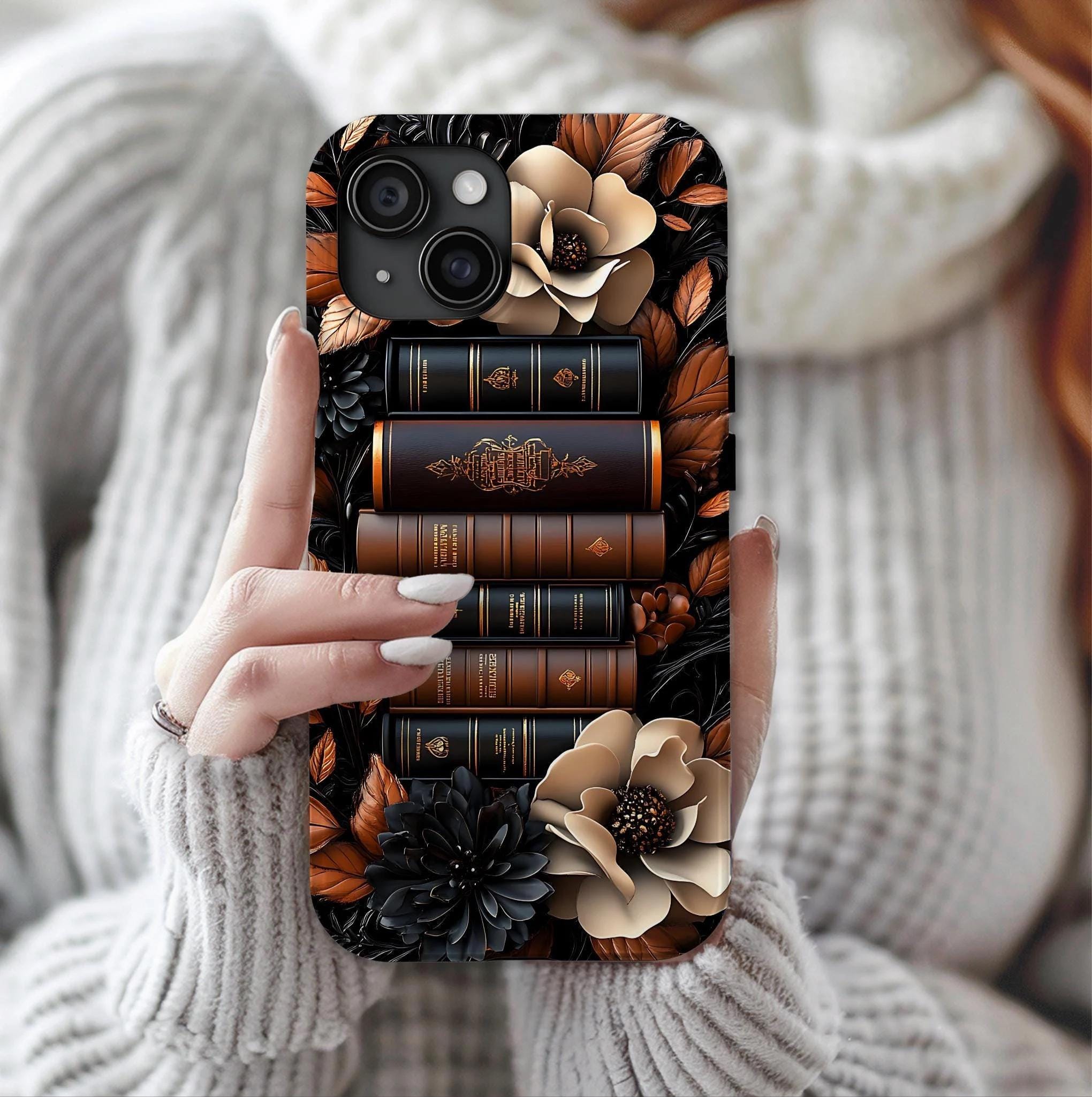 Brown Floral Bookshelf Phone Case, Bookish Flower Unique iPhone  Galaxy  Pixel Book Lover Gift